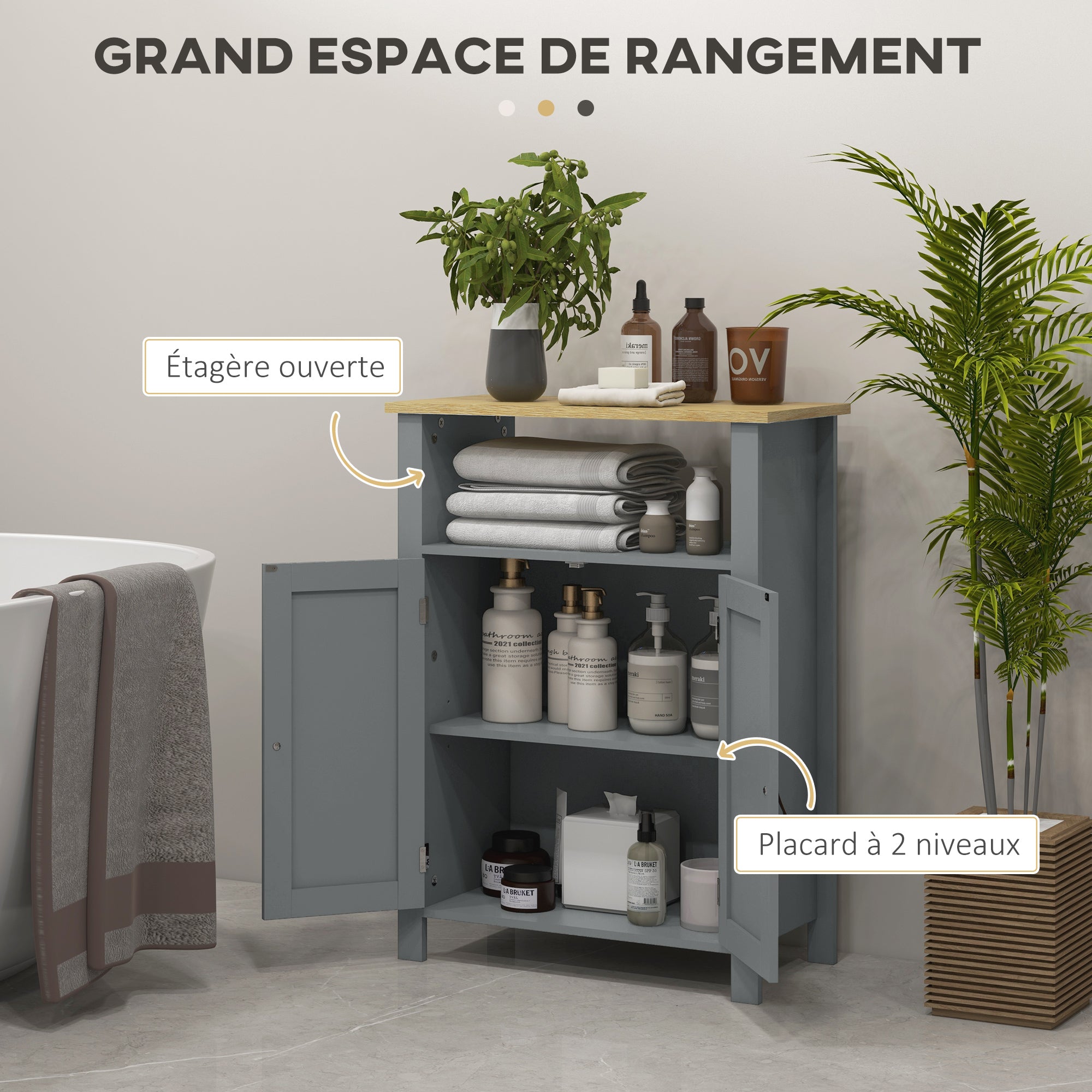 Low Bathroom Cabinet Multi-storage Large Niche Double Door Cabinet with Adjustable Height Shelf Gray and Natural