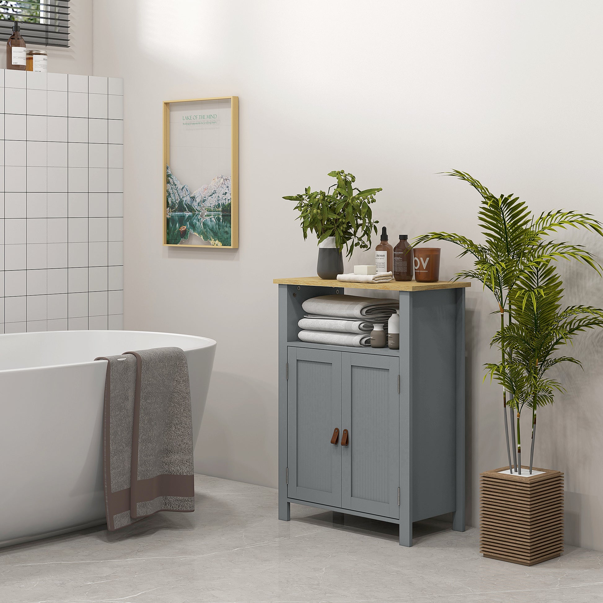 Low Bathroom Cabinet Multi-storage Large Niche Double Door Cabinet with Adjustable Height Shelf Gray and Natural