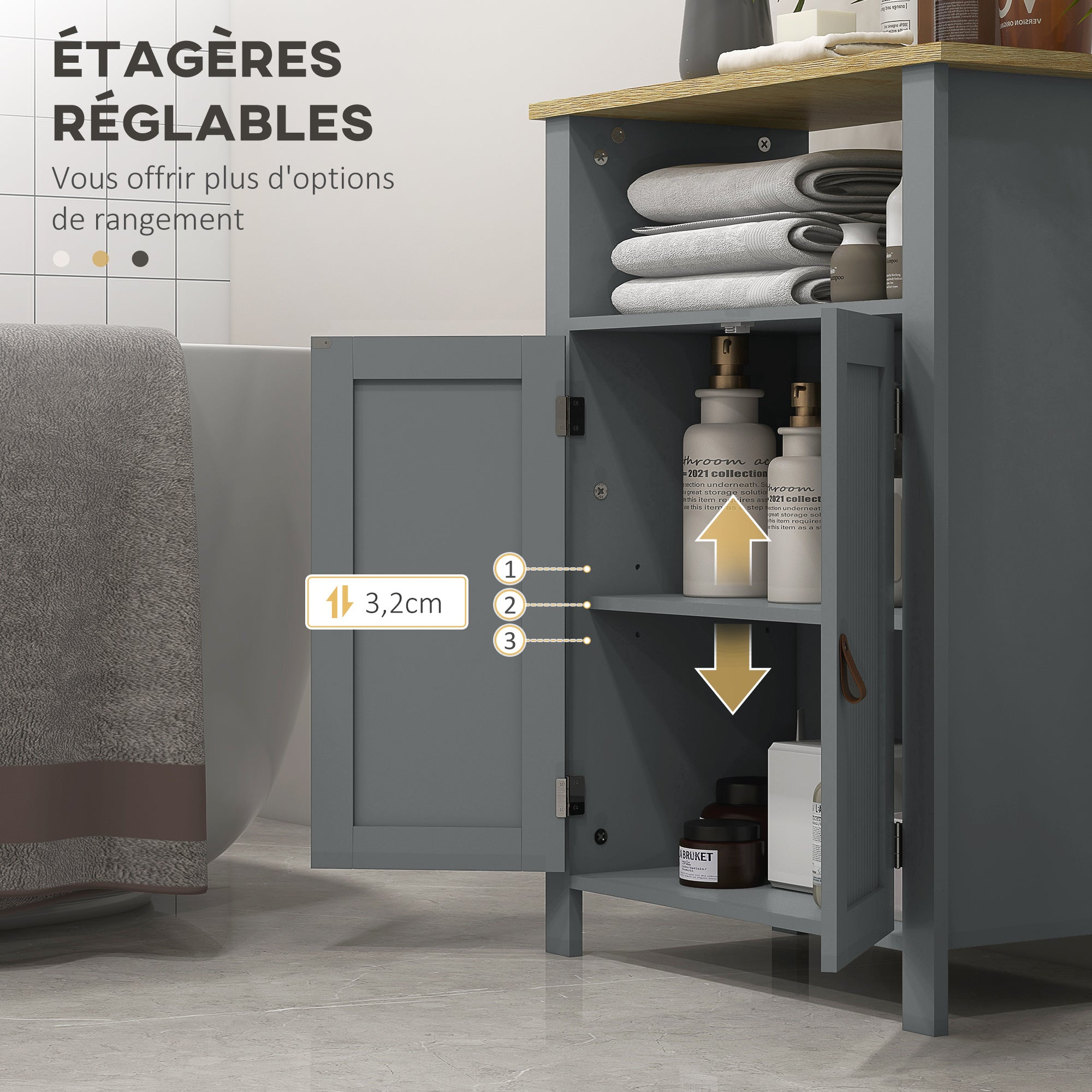 Low Bathroom Cabinet Multi-storage Large Niche Double Door Cabinet with Adjustable Height Shelf Gray and Natural