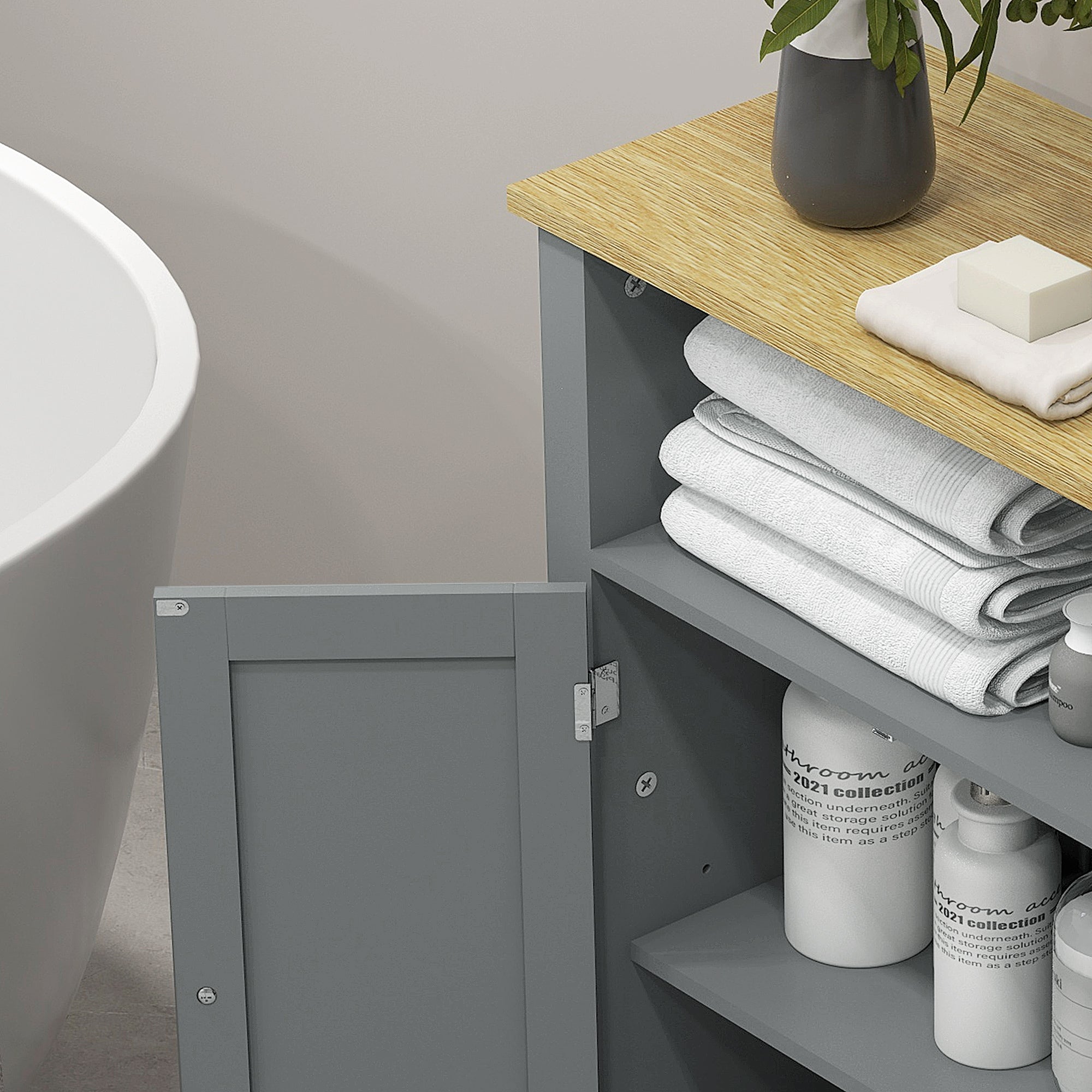 Low Bathroom Cabinet Multi-storage Large Niche Double Door Cabinet with Adjustable Height Shelf Gray and Natural