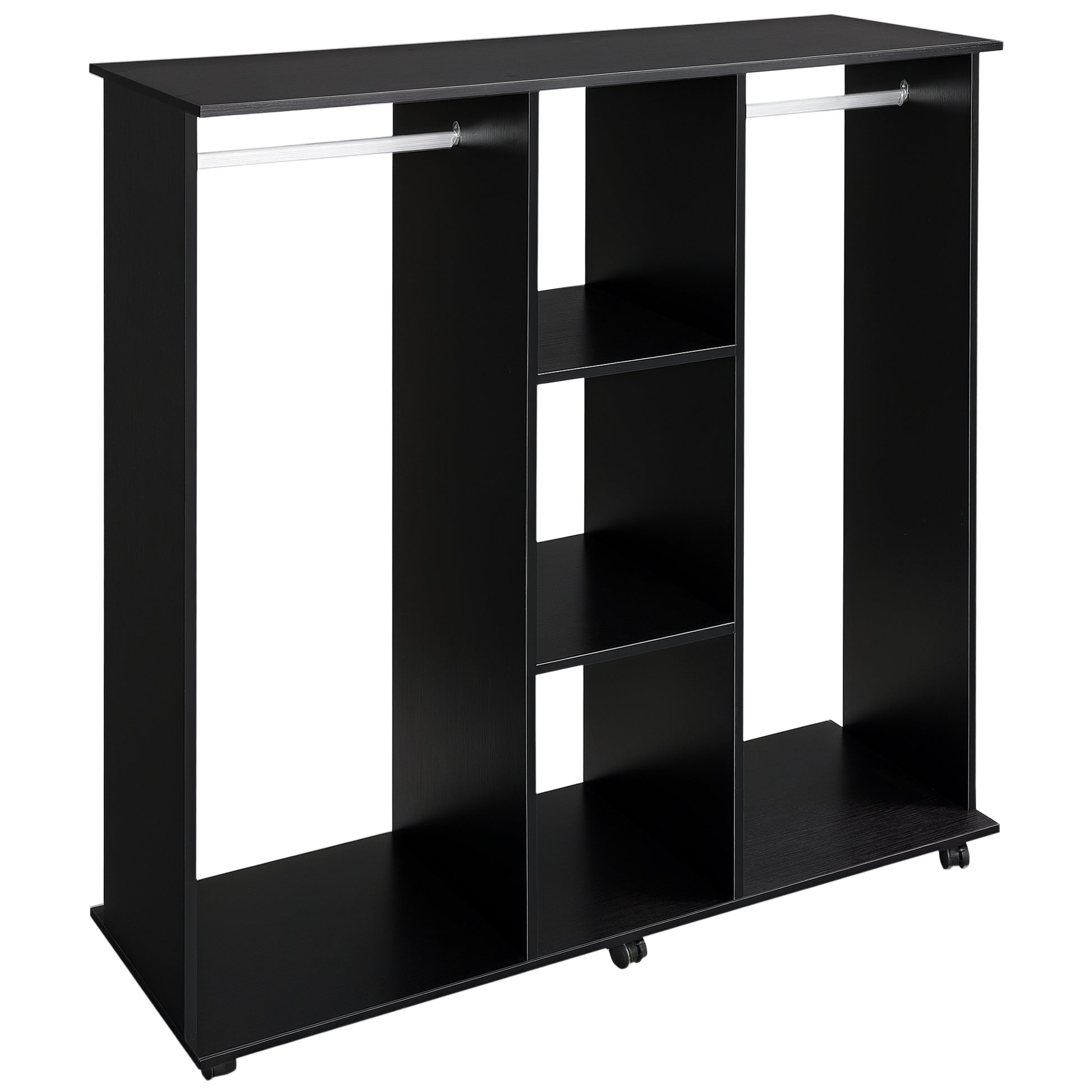 Wardrobe Closet with Wheels Clothing Wardrobe with Hanging Bar Open Shelves Organizer for Bedroom 120x40x128cm Black