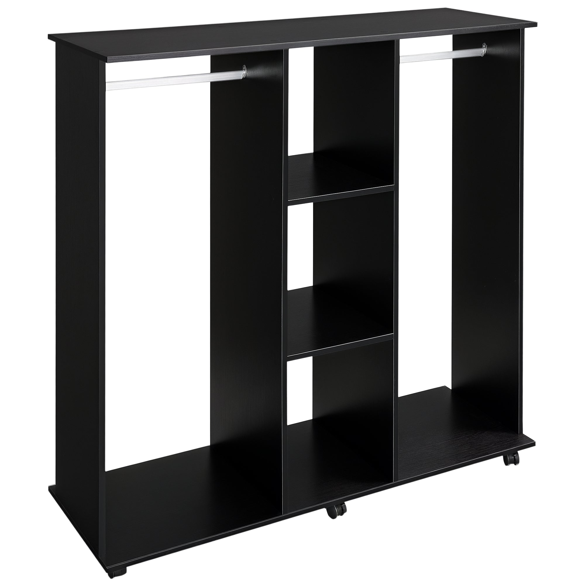 Wardrobe Closet with Wheels Clothing Wardrobe with Hanging Bar Open Shelves Organizer for Bedroom 120x40x128cm Black