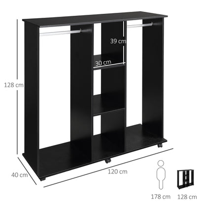 Wardrobe Closet with Wheels Clothing Wardrobe with Hanging Bar Open Shelves Organizer for Bedroom 120x40x128cm Black