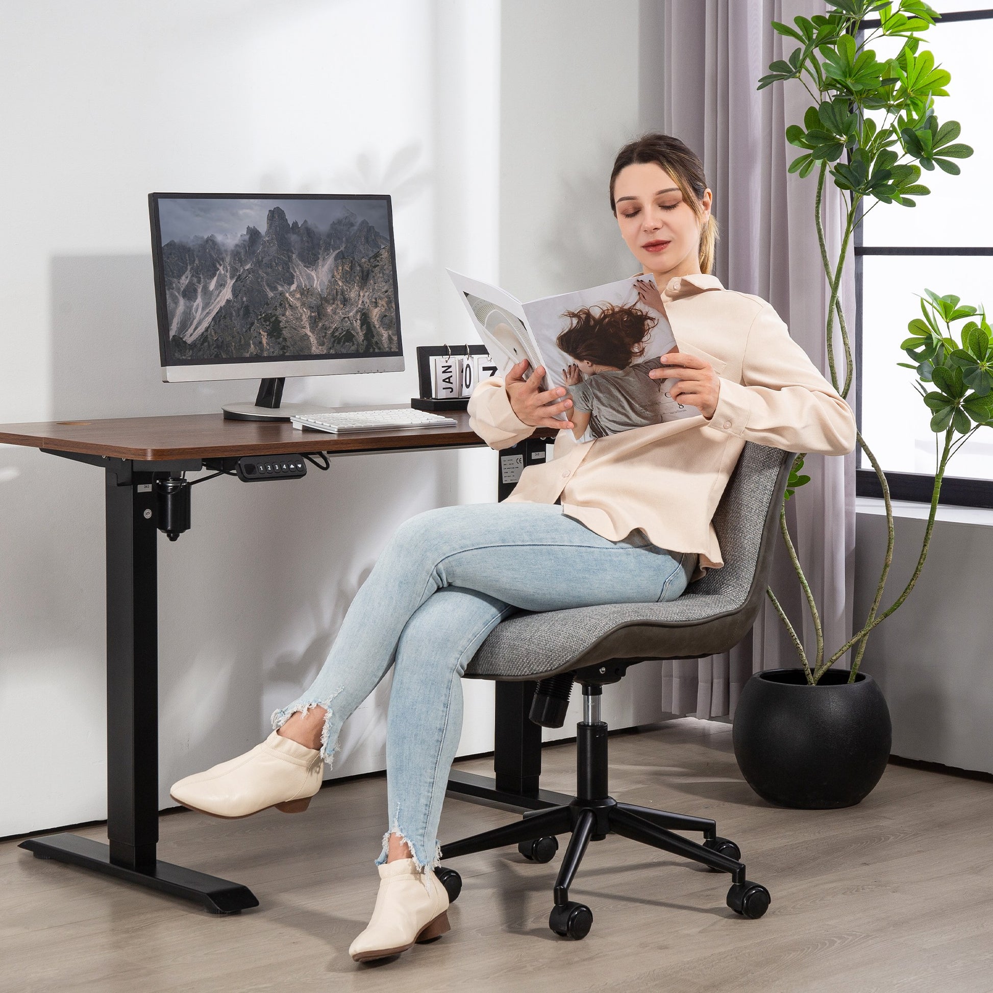 Desk Chair, Height Adjustable Home Office Chair without Armrest, Swivel Office Chair with Tilt Function, Office Chair with Linen Look for Bedroom, Dark Gray