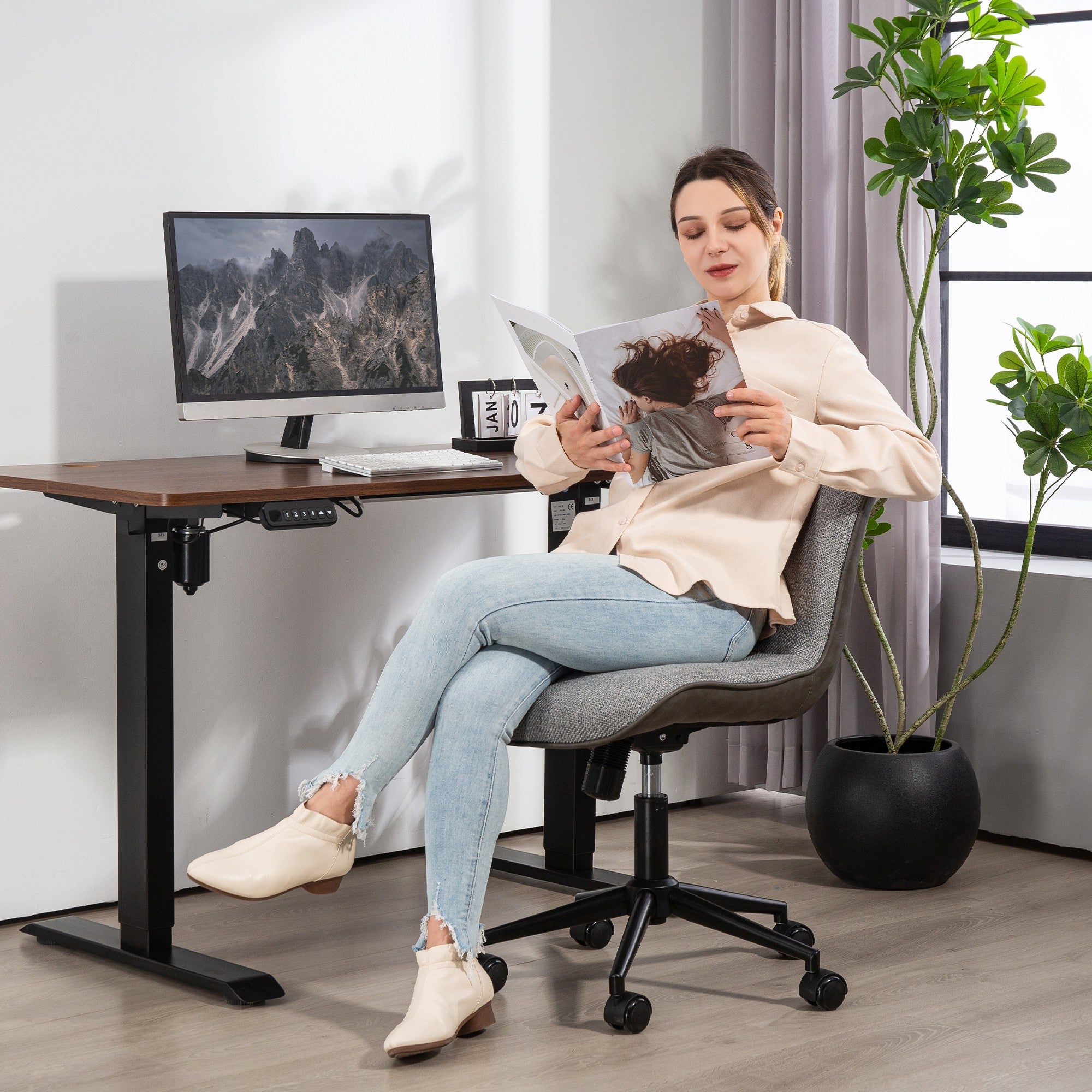 Desk Chair, Height Adjustable Home Office Chair without Armrest, Swivel Office Chair with Tilt Function, Office Chair with Linen Look for Bedroom, Dark Gray