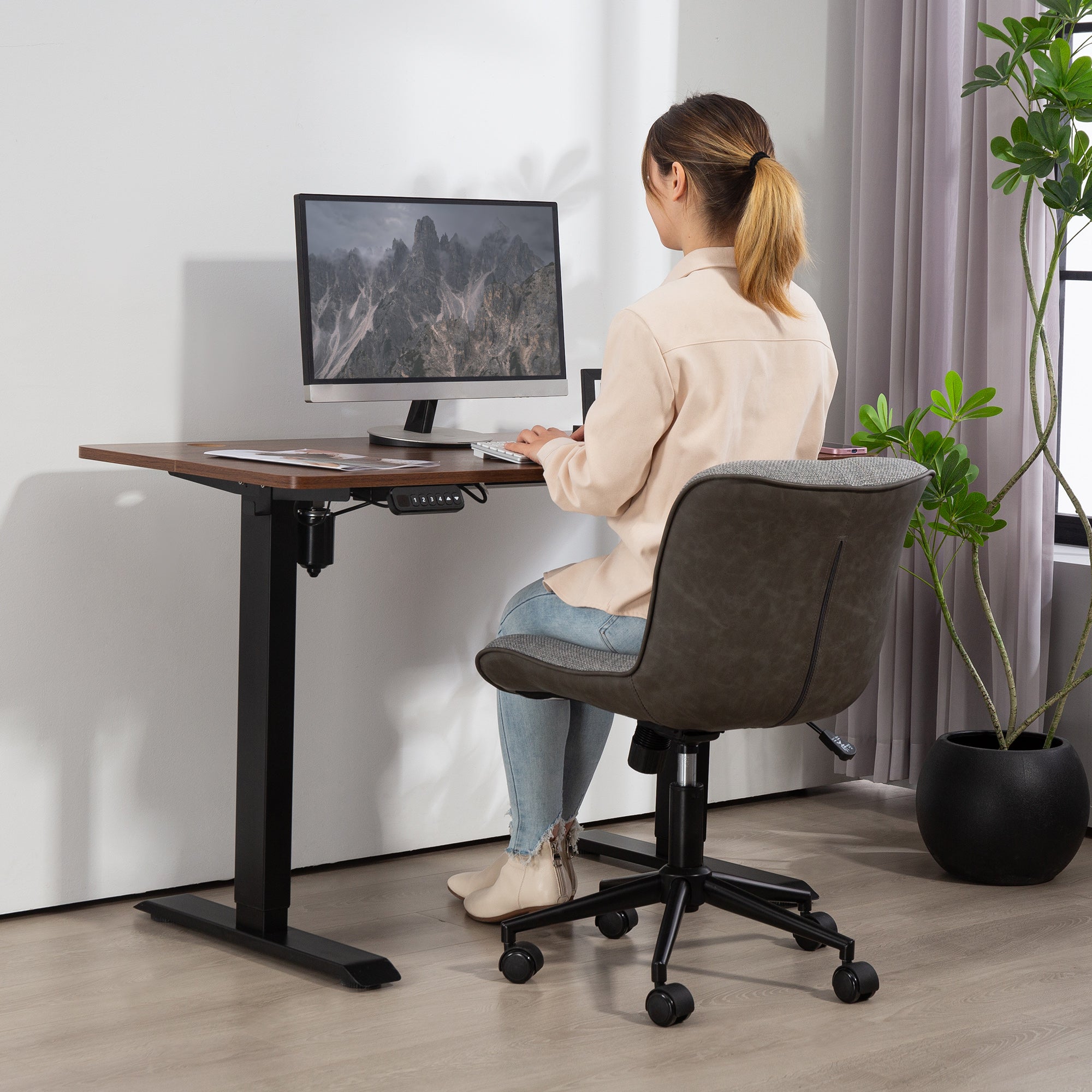 Desk Chair, Height Adjustable Home Office Chair without Armrest, Swivel Office Chair with Tilt Function, Office Chair with Linen Look for Bedroom, Dark Gray