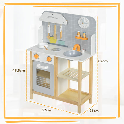 Toy Kitchen for Kids +3 Years Children's Play Kitchen Wooden Play Kitchen with Sound Stove Oven Faucet Sink and Kitchen Accessories 57x26x82 cm Gray
