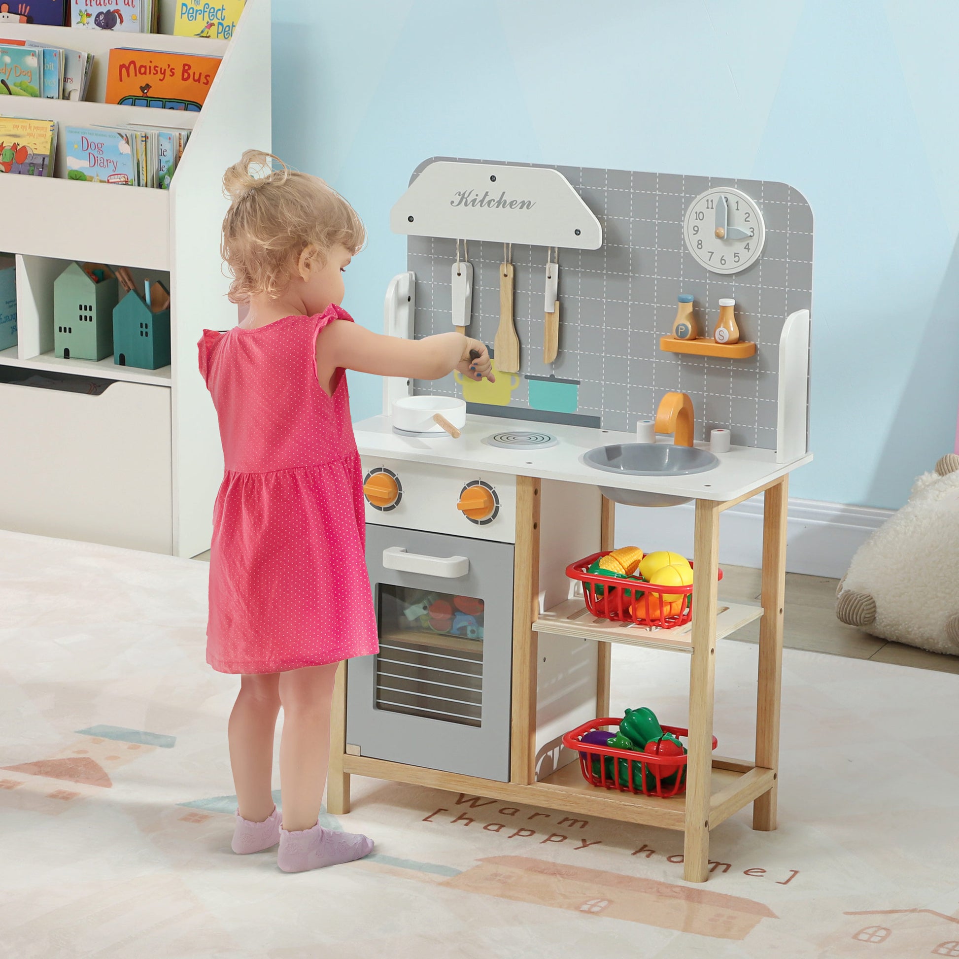Toy Kitchen for Kids +3 Years Children's Play Kitchen Wooden Play Kitchen with Sound Stove Oven Faucet Sink and Kitchen Accessories 57x26x82 cm Gray
