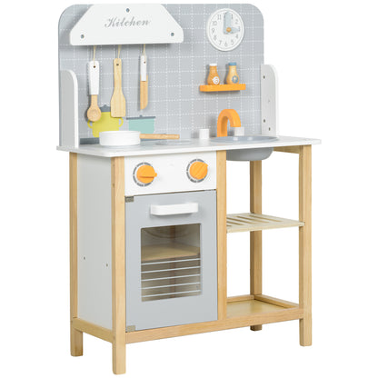 Toy Kitchen for Kids +3 Years Children's Play Kitchen Wooden Play Kitchen with Sound Stove Oven Faucet Sink and Kitchen Accessories 57x26x82 cm Gray