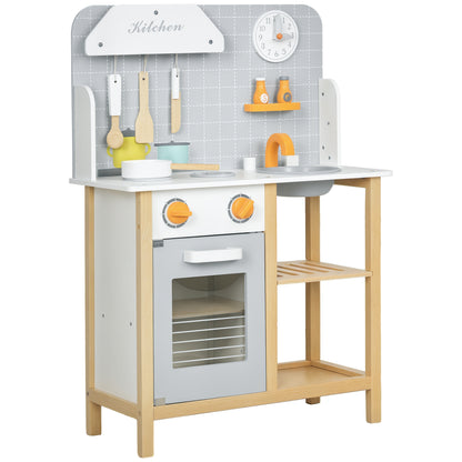 Toy Kitchen for Kids +3 Years Children's Play Kitchen Wooden Play Kitchen with Sound Stove Oven Faucet Sink and Kitchen Accessories 57x26x82 cm Gray