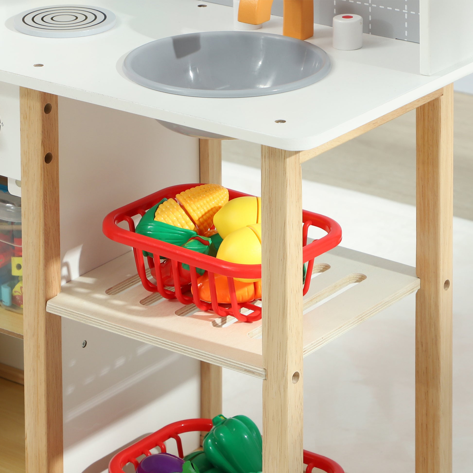 Toy Kitchen for Kids +3 Years Children's Play Kitchen Wooden Play Kitchen with Sound Stove Oven Faucet Sink and Kitchen Accessories 57x26x82 cm Gray