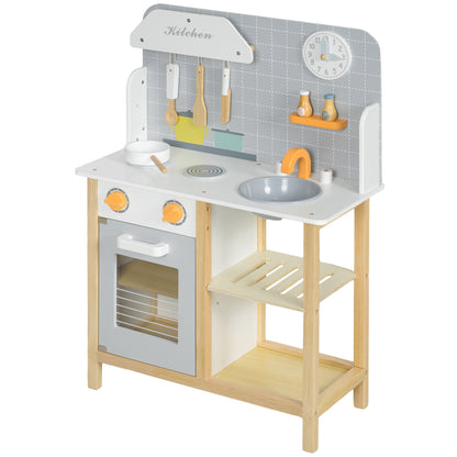 Toy Kitchen for Kids +3 Years Children's Play Kitchen Wooden Play Kitchen with Sound Stove Oven Faucet Sink and Kitchen Accessories 57x26x82 cm Gray