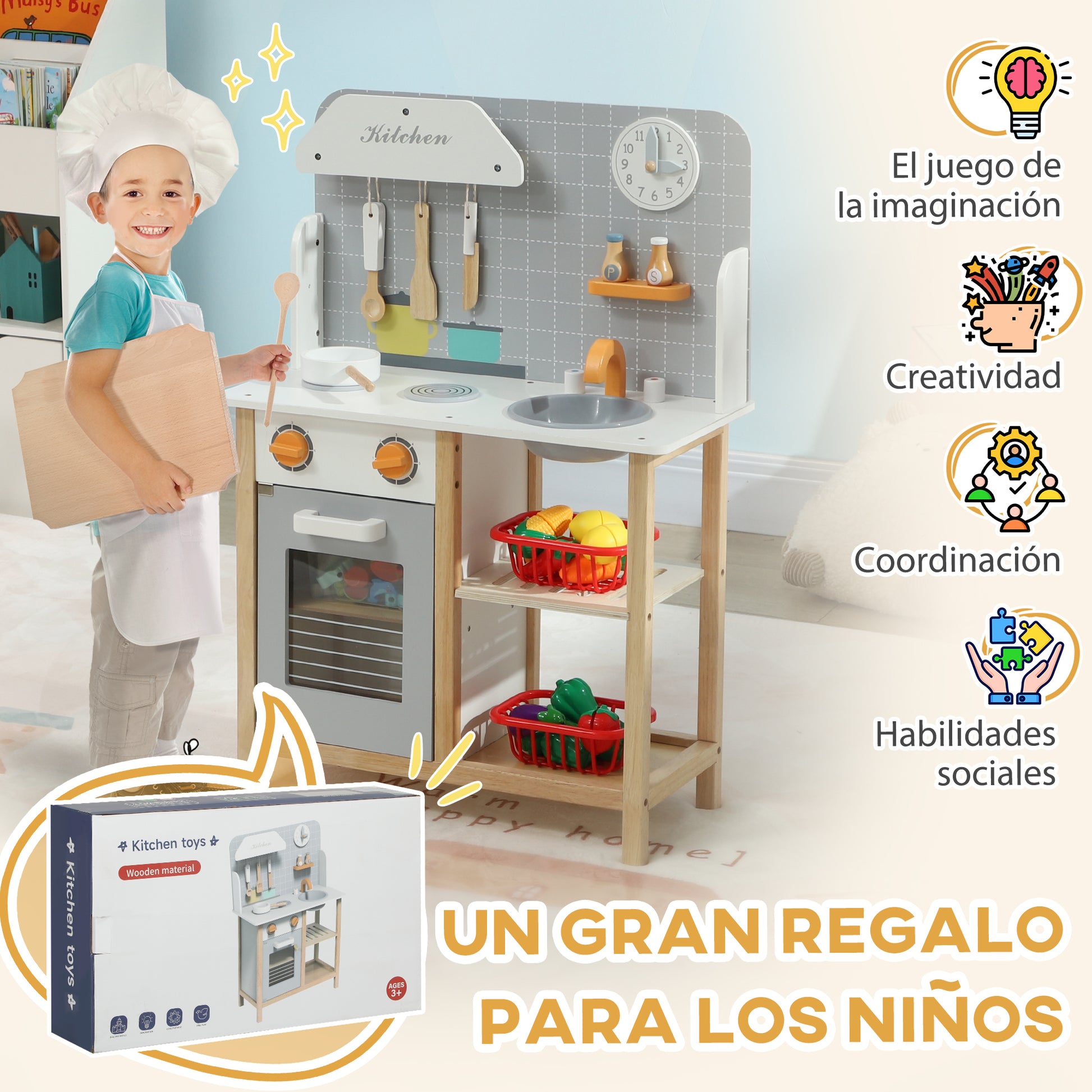 Toy Kitchen for Kids +3 Years Children's Play Kitchen Wooden Play Kitchen with Sound Stove Oven Faucet Sink and Kitchen Accessories 57x26x82 cm Gray