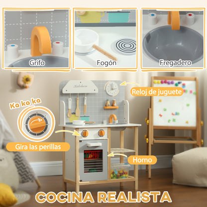 Toy Kitchen for Kids +3 Years Children's Play Kitchen Wooden Play Kitchen with Sound Stove Oven Faucet Sink and Kitchen Accessories 57x26x82 cm Gray