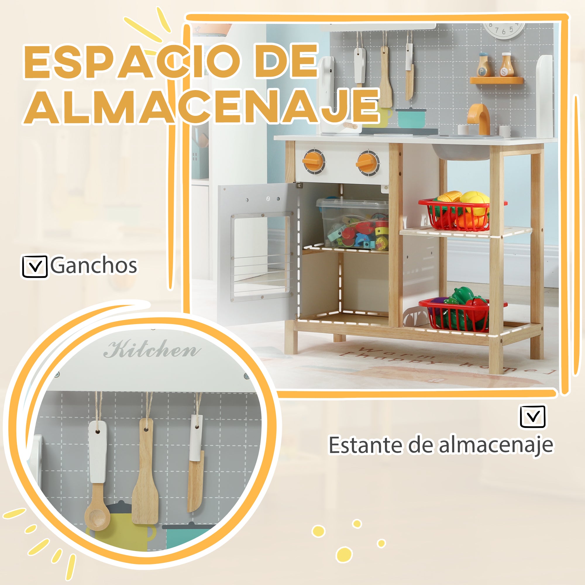 Toy Kitchen for Kids +3 Years Children's Play Kitchen Wooden Play Kitchen with Sound Stove Oven Faucet Sink and Kitchen Accessories 57x26x82 cm Gray