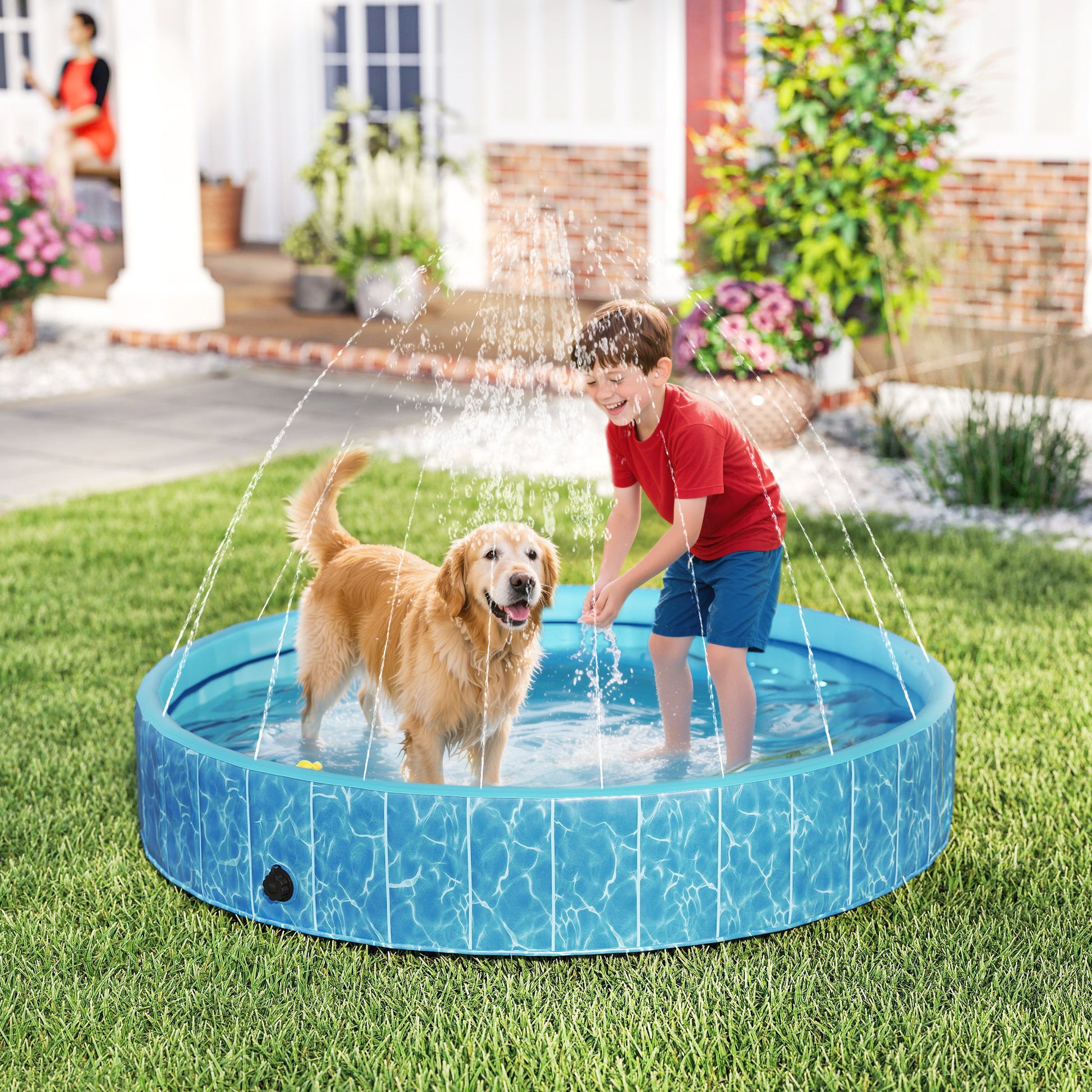 Foldable Dog Pool with Fountain and Water Cushion Design Ø160 x 30 cm Non-Slip Dog Bathtub Swimming Pool for Dogs and Cats