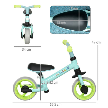 Balance Bike for Children 18-48 Months Adjustable Height Seat Load 25 kg 66.5x34x47 cm Green and Turquoise