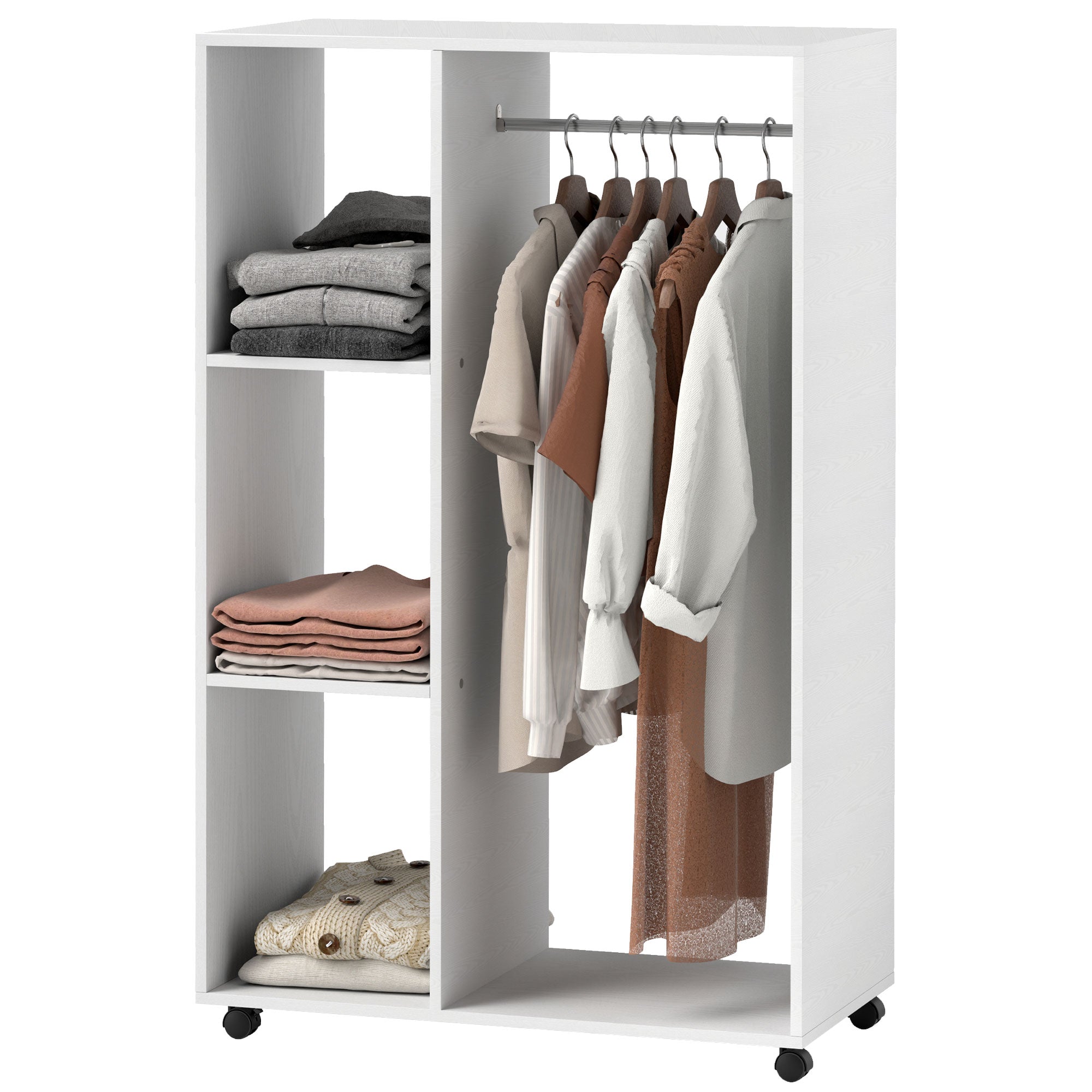 Wardrobe on Wheels, Mobile Wardrobe, 1 Clothes Rod, 3 Shelves, Wardrobe Cabinet, Rolling Clothes Stand for Hallway, Bedroom, 80 x 40 x 128 cm, White