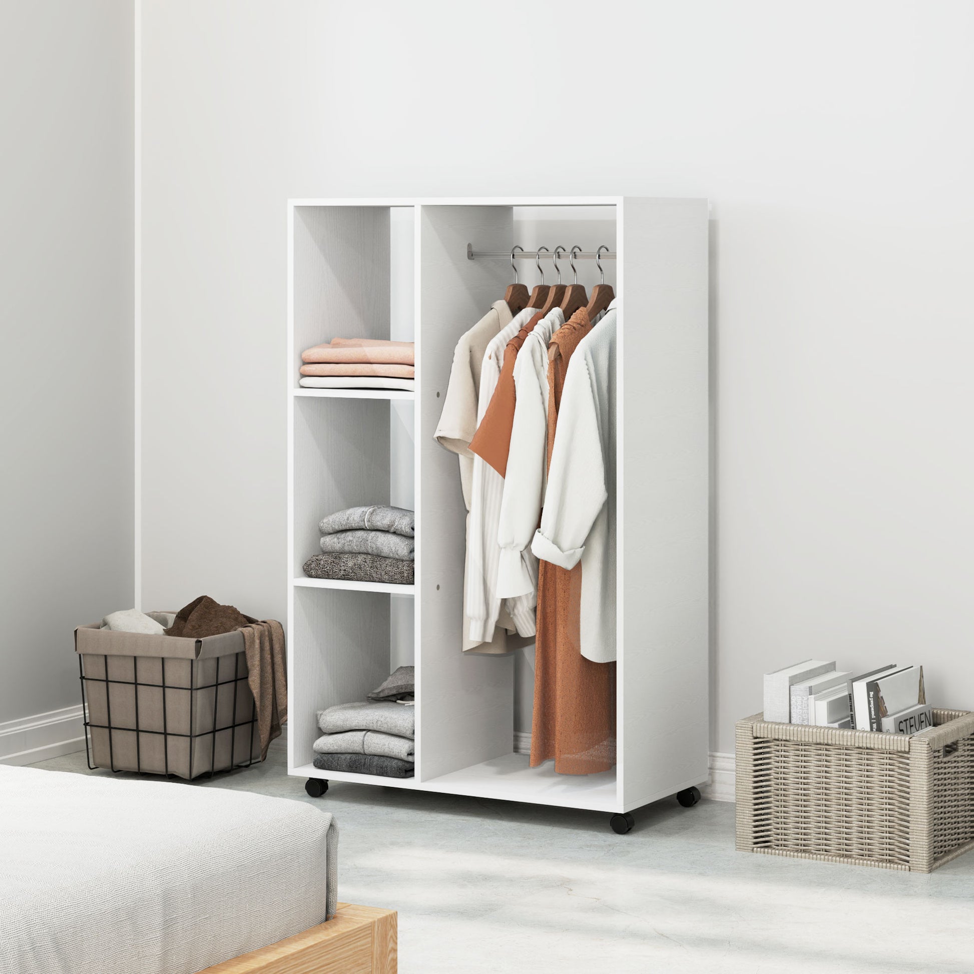 Wardrobe on Wheels, Mobile Wardrobe, 1 Clothes Rod, 3 Shelves, Wardrobe Cabinet, Rolling Clothes Stand for Hallway, Bedroom, 80 x 40 x 128 cm, White