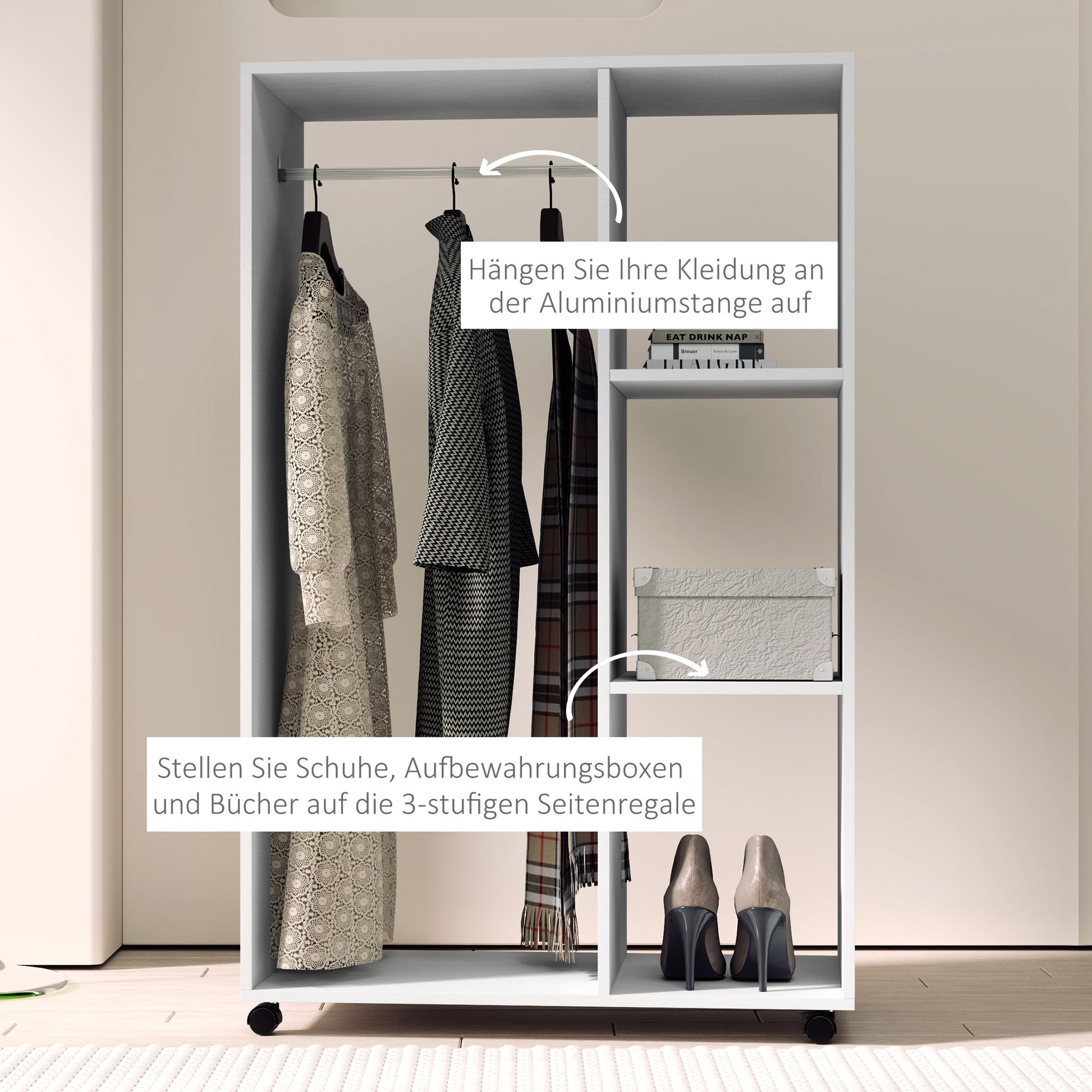 Wardrobe on Wheels, Mobile Wardrobe, 1 Clothes Rod, 3 Shelves, Wardrobe Cabinet, Rolling Clothes Stand for Hallway, Bedroom, 80 x 40 x 128 cm, White