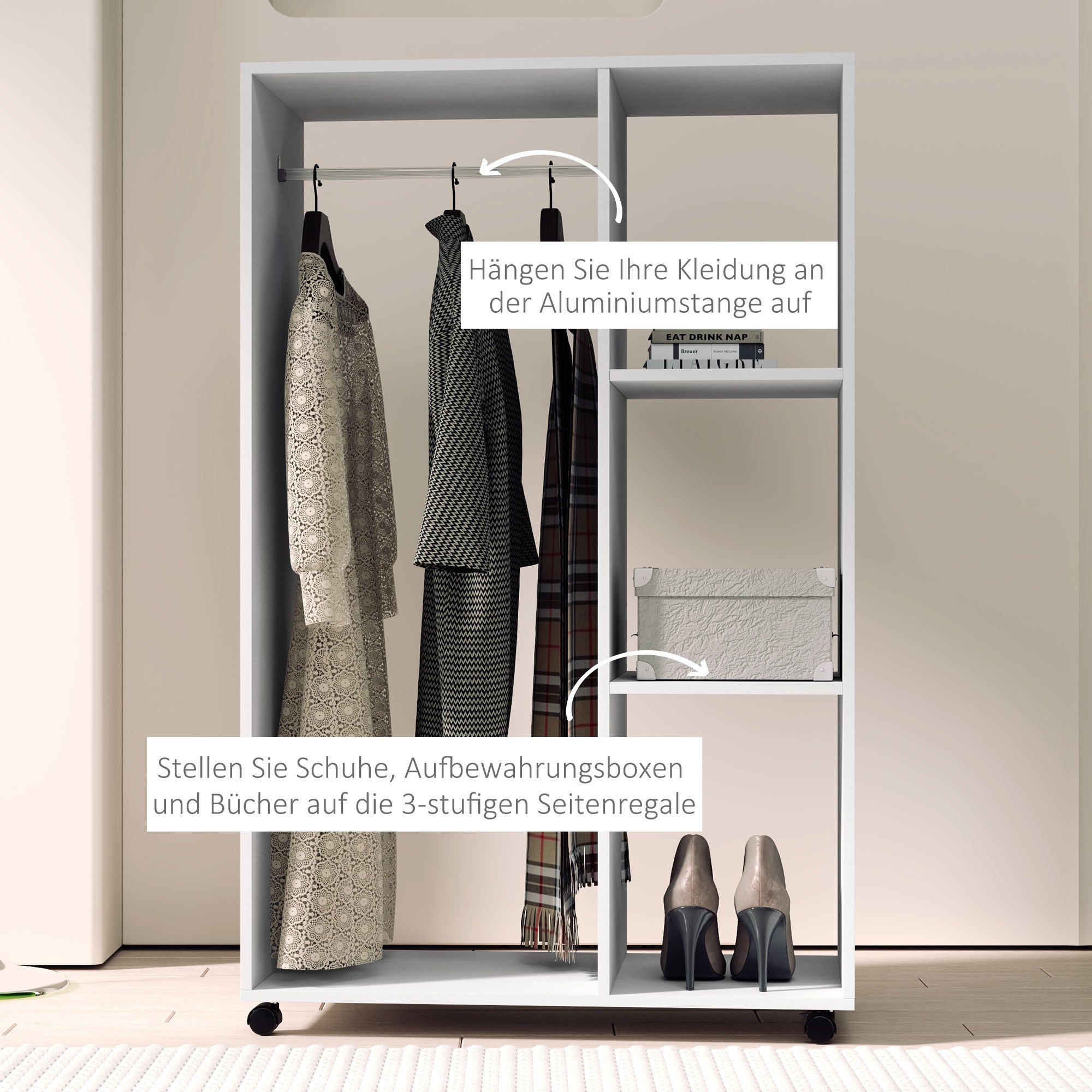 Wardrobe on Wheels, Mobile Wardrobe, 1 Clothes Rod, 3 Shelves, Wardrobe Cabinet, Rolling Clothes Stand for Hallway, Bedroom, 80 x 40 x 128 cm, White