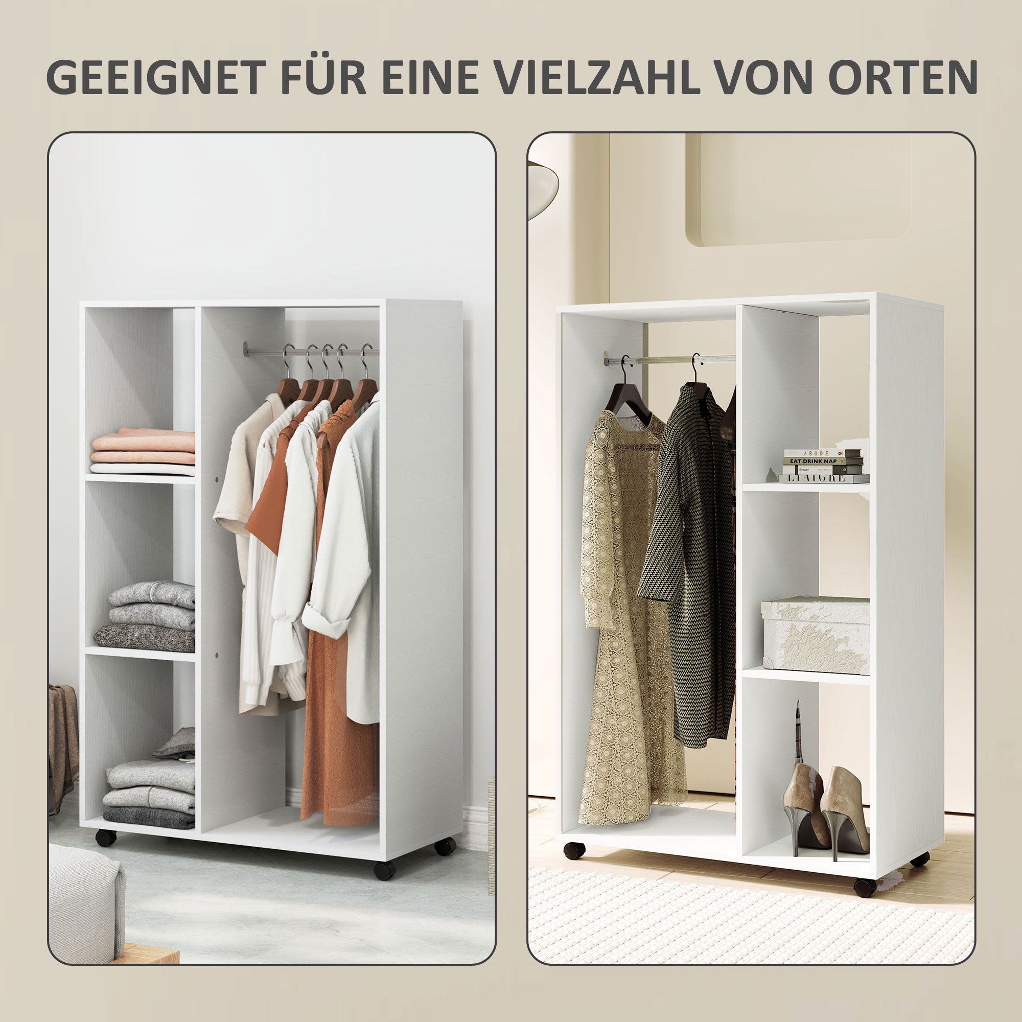 Wardrobe on Wheels, Mobile Wardrobe, 1 Clothes Rod, 3 Shelves, Wardrobe Cabinet, Rolling Clothes Stand for Hallway, Bedroom, 80 x 40 x 128 cm, White