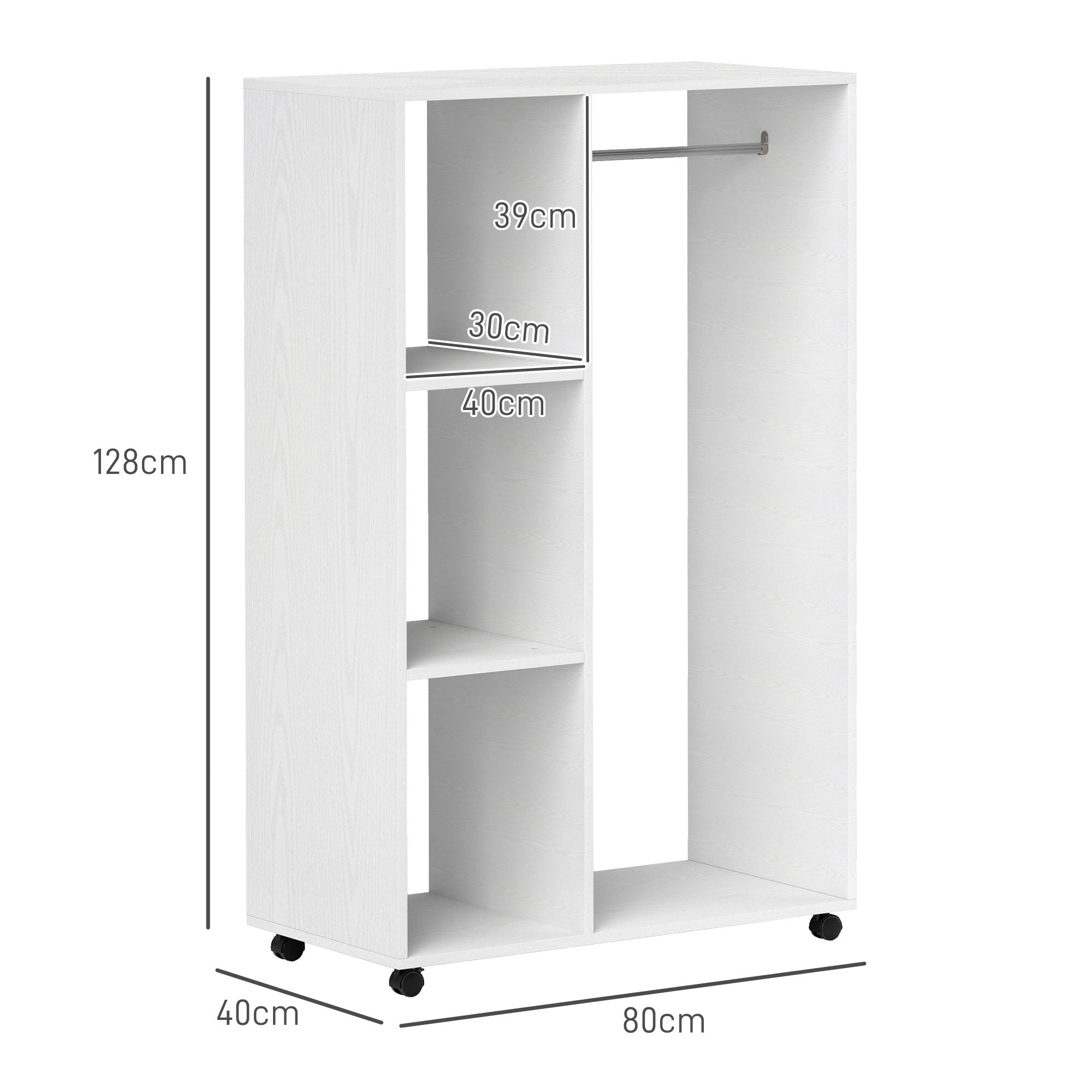 Wardrobe on Wheels, Mobile Wardrobe, 1 Clothes Rod, 3 Shelves, Wardrobe Cabinet, Rolling Clothes Stand for Hallway, Bedroom, 80 x 40 x 128 cm, White