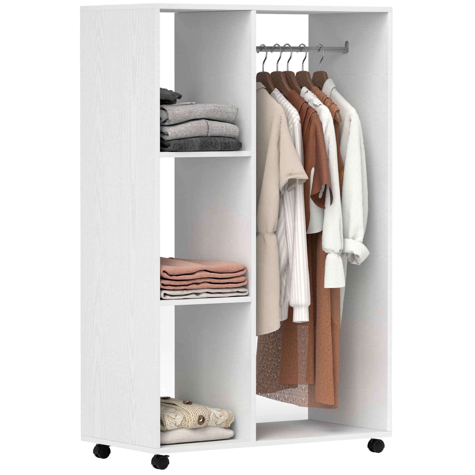 Wardrobe on Wheels, Mobile Wardrobe, 1 Clothes Rod, 3 Shelves, Wardrobe Cabinet, Rolling Clothes Stand for Hallway, Bedroom, 80 x 40 x 128 cm, White