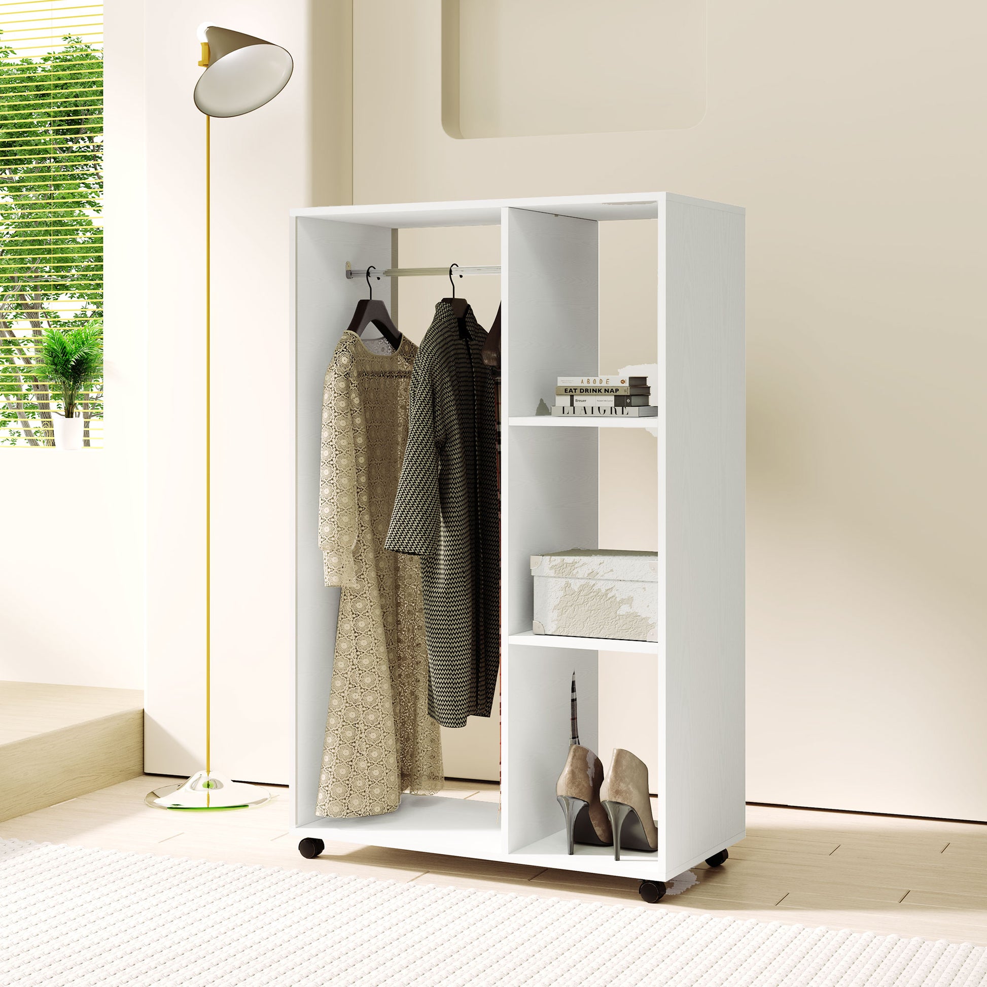 Wardrobe on Wheels, Mobile Wardrobe, 1 Clothes Rod, 3 Shelves, Wardrobe Cabinet, Rolling Clothes Stand for Hallway, Bedroom, 80 x 40 x 128 cm, White