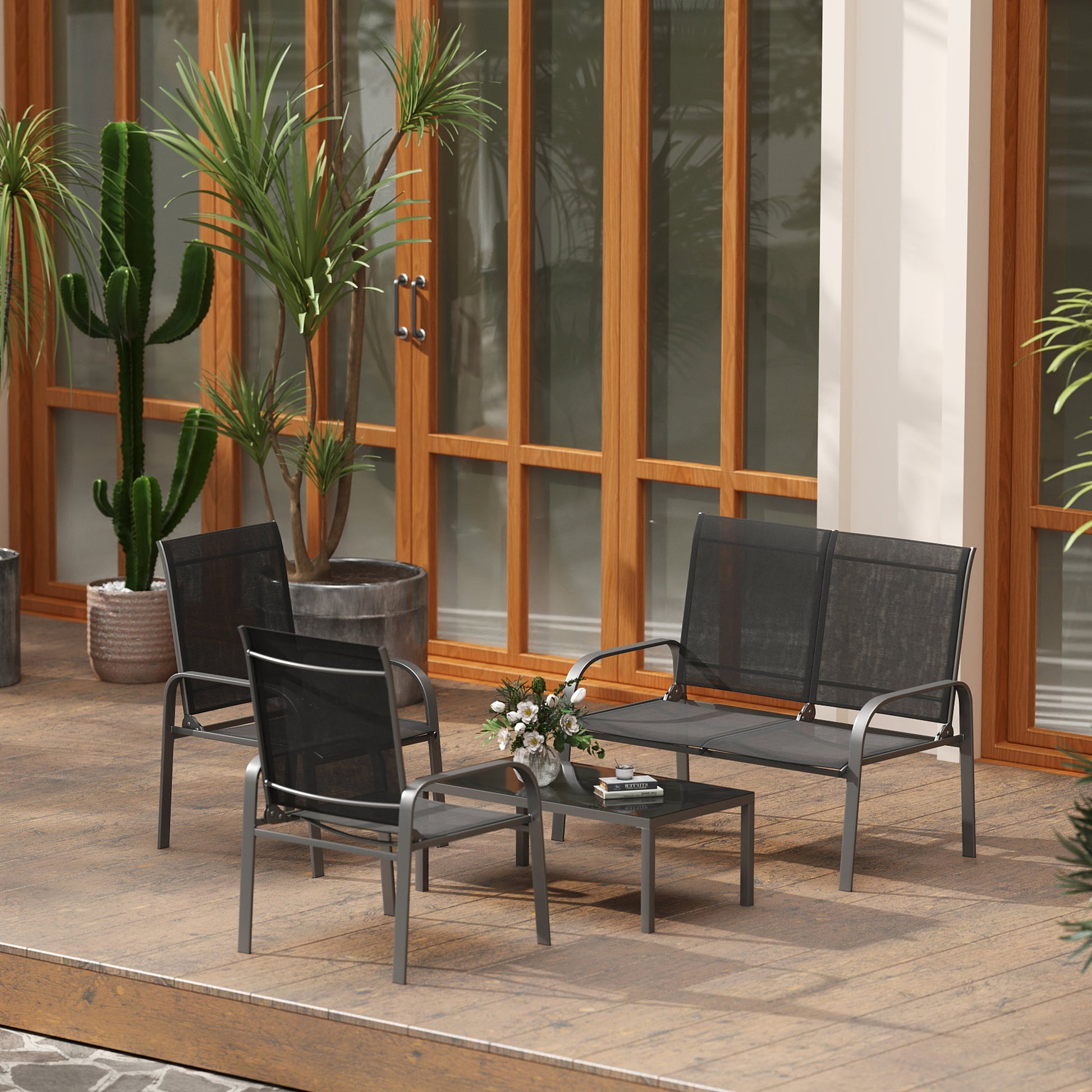 4-Piece Garden Lounge Set with 2-Seater Outdoor Loveseat with Adjustable Backrest, 2 Chairs, and Glass Coffee Table, Steel and Textilene Waterproof Furniture Set, Black