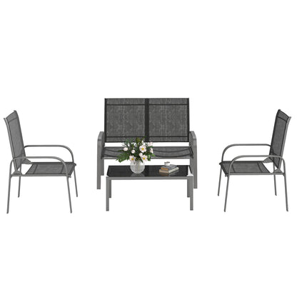 4-Piece Garden Lounge Set with 2-Seater Outdoor Loveseat with Adjustable Backrest, 2 Chairs, and Glass Coffee Table, Steel and Textilene Waterproof Furniture Set, Black