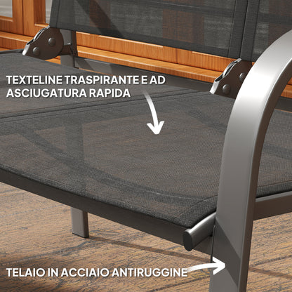 4-Piece Garden Lounge Set with 2-Seater Outdoor Loveseat with Adjustable Backrest, 2 Chairs, and Glass Coffee Table, Steel and Textilene Waterproof Furniture Set, Black