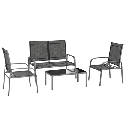 4-Piece Garden Lounge Set with 2-Seater Outdoor Loveseat with Adjustable Backrest, 2 Chairs, and Glass Coffee Table, Steel and Textilene Waterproof Furniture Set, Black