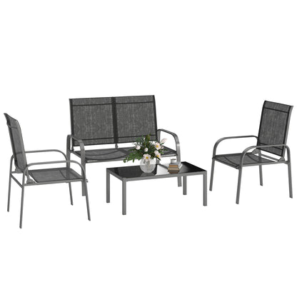 4-Piece Garden Lounge Set with 2-Seater Outdoor Loveseat with Adjustable Backrest, 2 Chairs, and Glass Coffee Table, Steel and Textilene Waterproof Furniture Set, Black