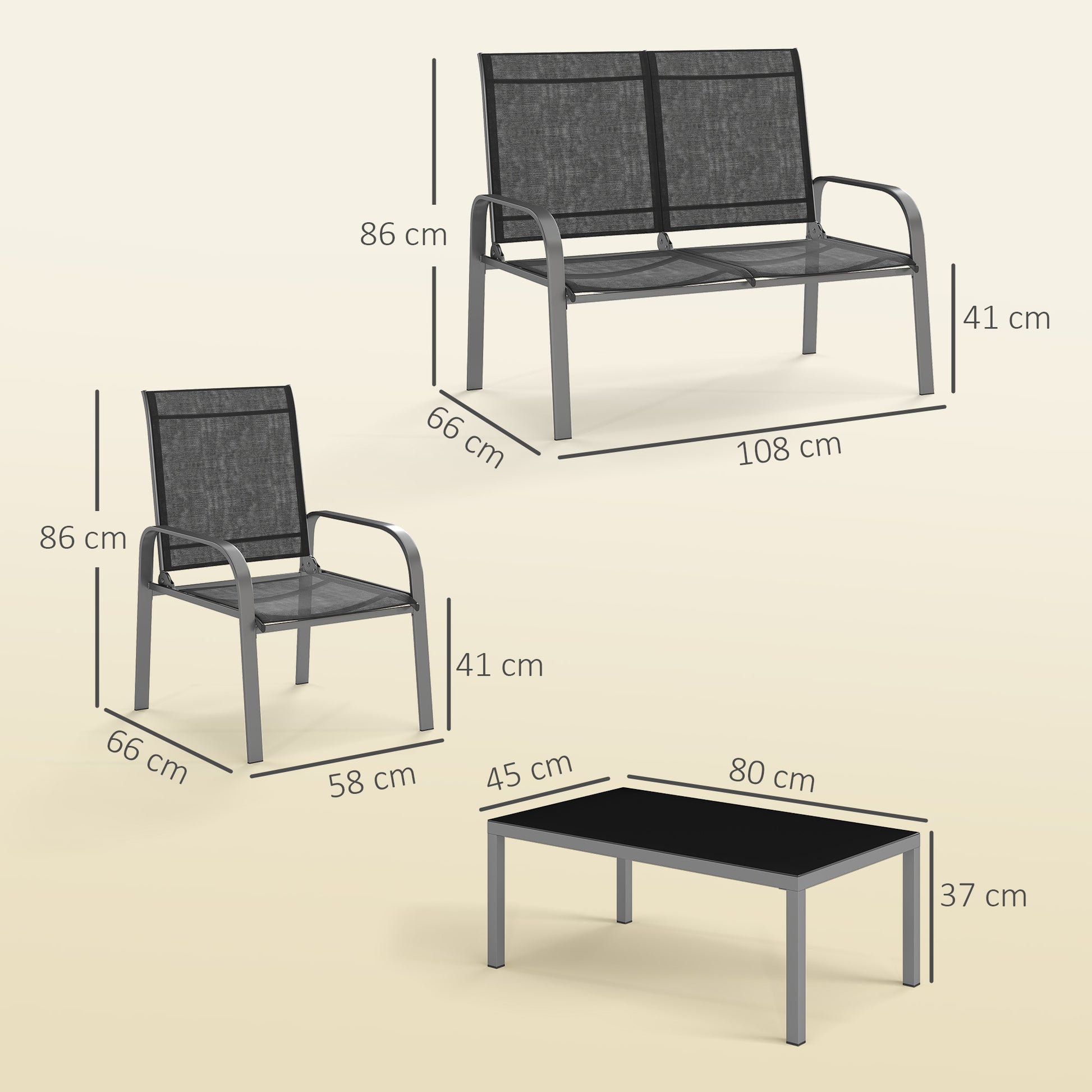 4-Piece Garden Lounge Set with 2-Seater Outdoor Loveseat with Adjustable Backrest, 2 Chairs, and Glass Coffee Table, Steel and Textilene Waterproof Furniture Set, Black