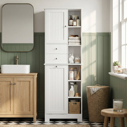 Narrow Bathroom Cabinet, Tall Storage with Pull-Out Laundry Basket, Open Shelf, 2 Drawers and Soft-Close Doors for Bathroom & Kitchen, White, 23.6 x 11.3 x 67.3 in (60 x 28.8 x 171 cm)