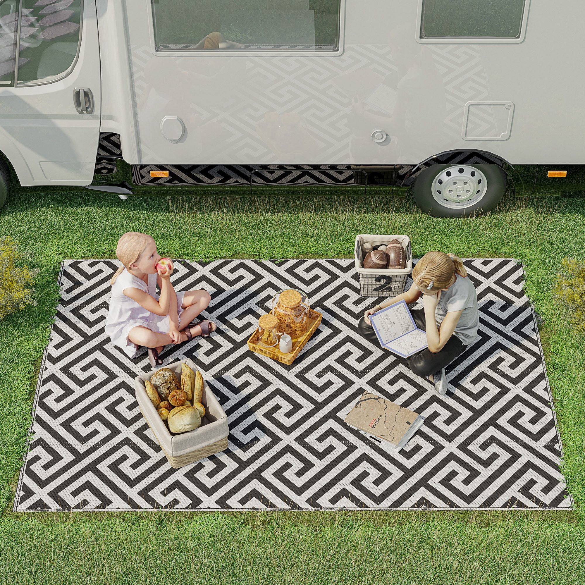 Outdoor Rug, Plastic Rug with Reversible Design, Water-Resistant Balcony Rug, for Patio, Camping, Black+White, 152 x 243 cm