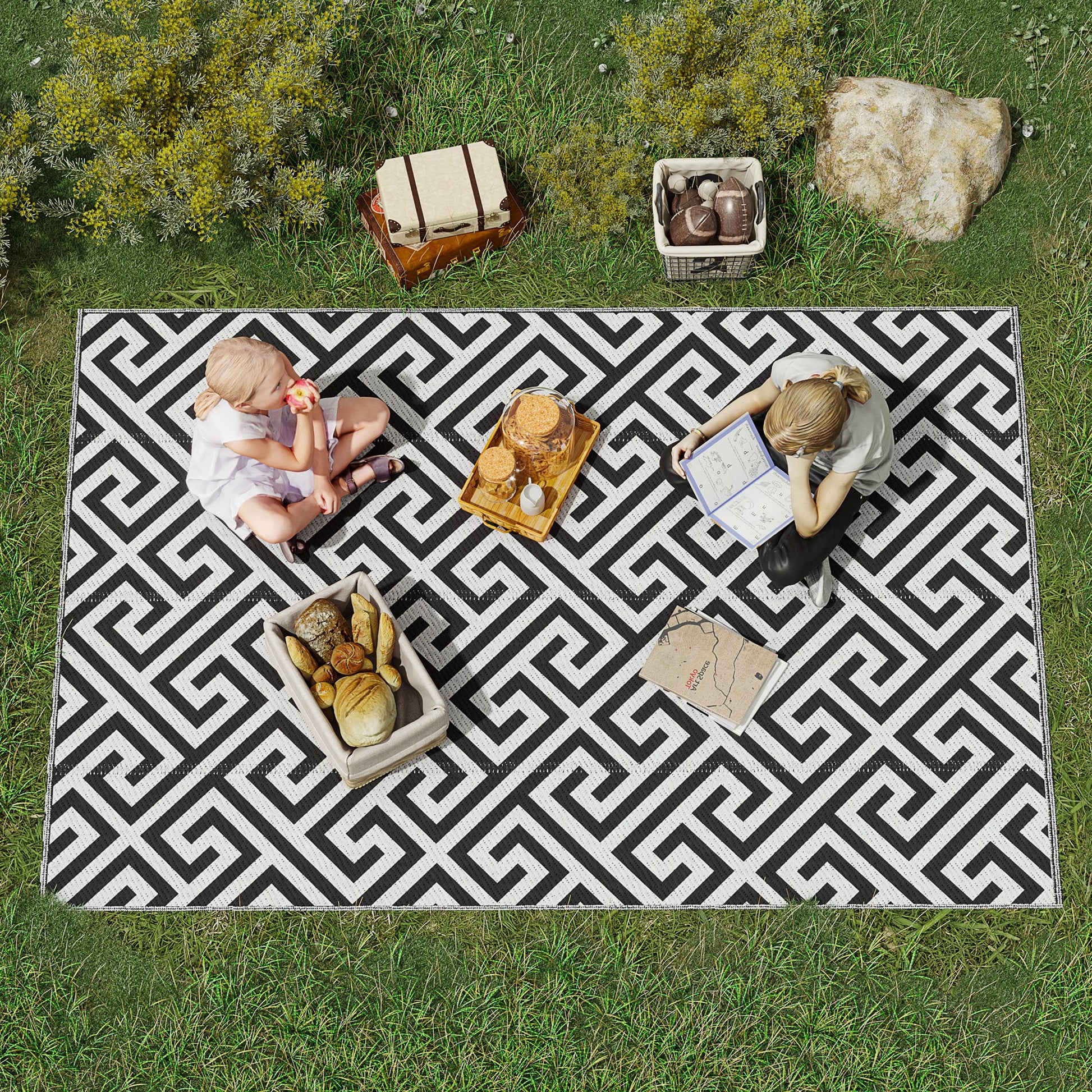 Outdoor Rug, Plastic Rug with Reversible Design, Water-Resistant Balcony Rug, for Patio, Camping, Black+White, 152 x 243 cm