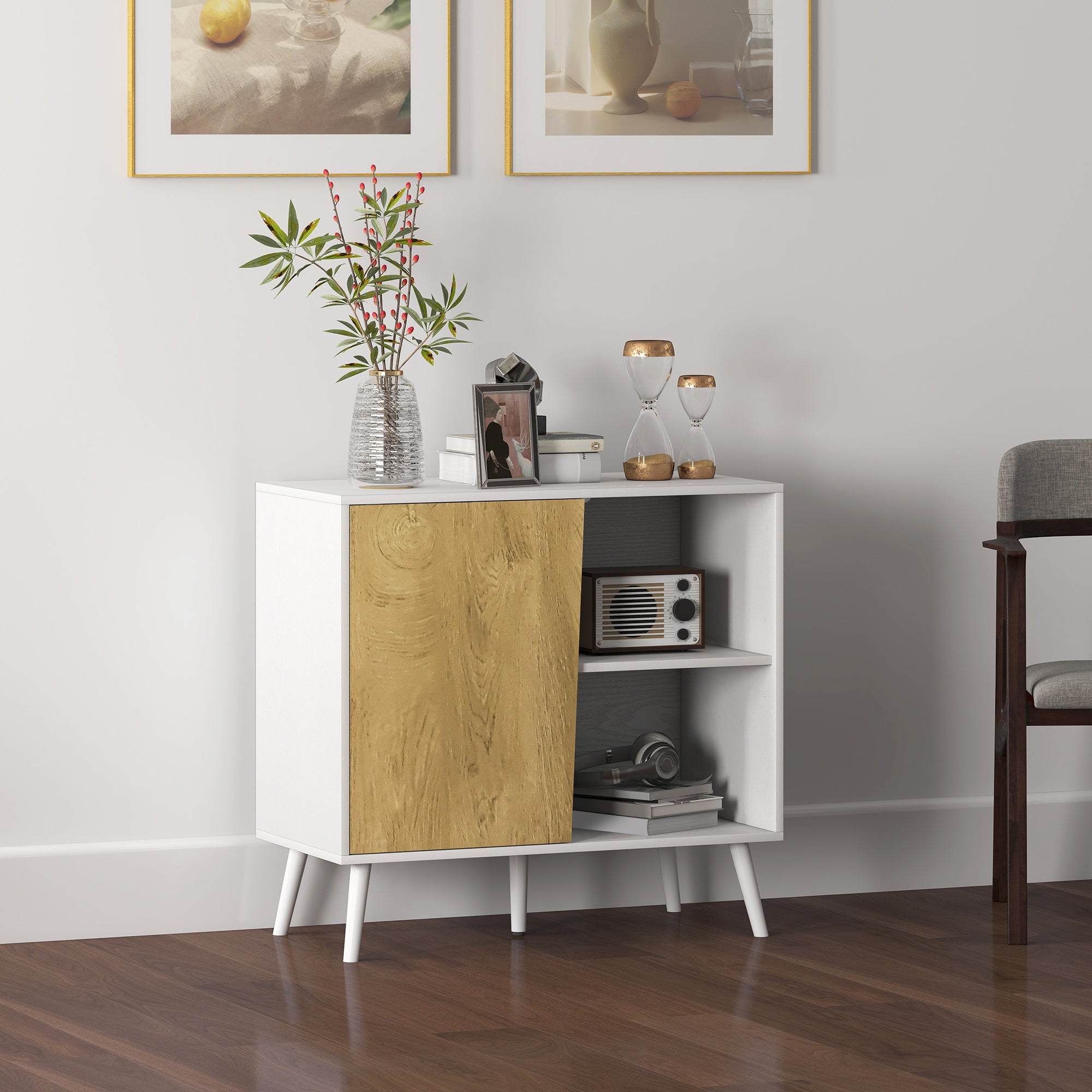 Modern Sideboard Buffet with Cabinet and Compartment with 3-Level Adjustable Shelves, Modern Furniture with Pine Wood Legs, 80x39x76 cm, White