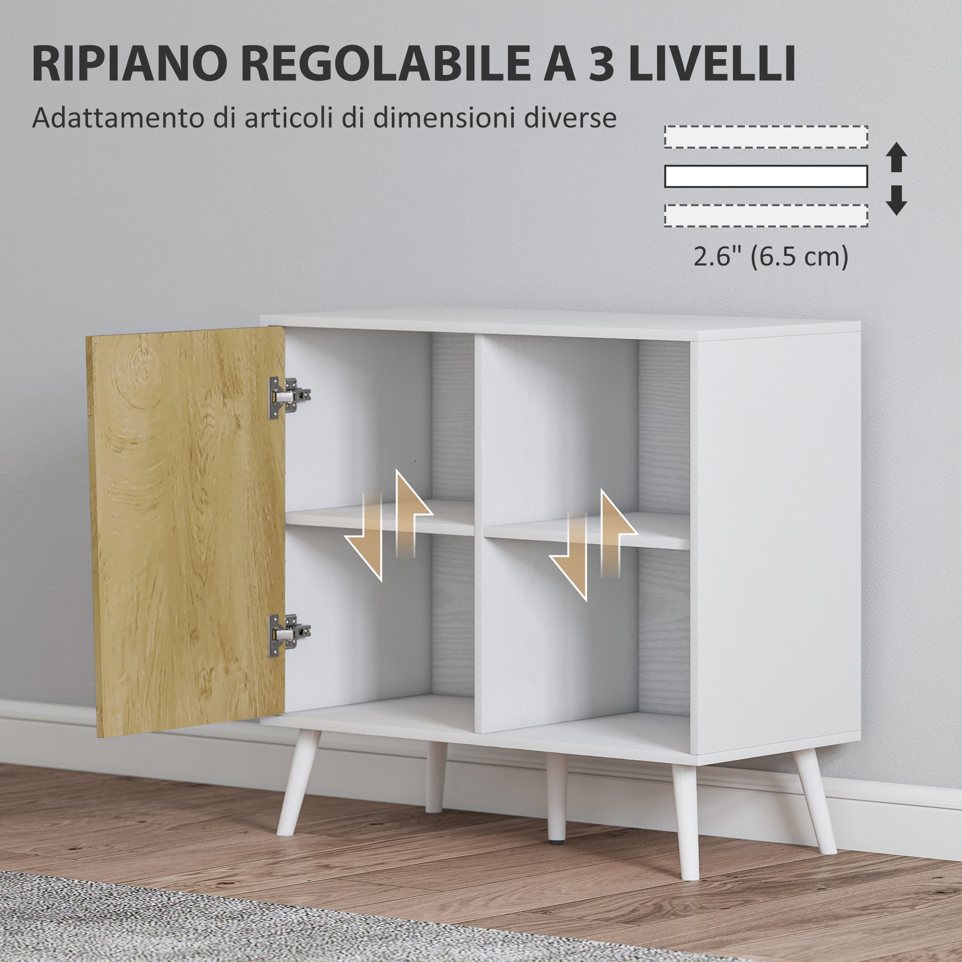 Modern Sideboard Buffet with Cabinet and Compartment with 3-Level Adjustable Shelves, Modern Furniture with Pine Wood Legs, 80x39x76 cm, White