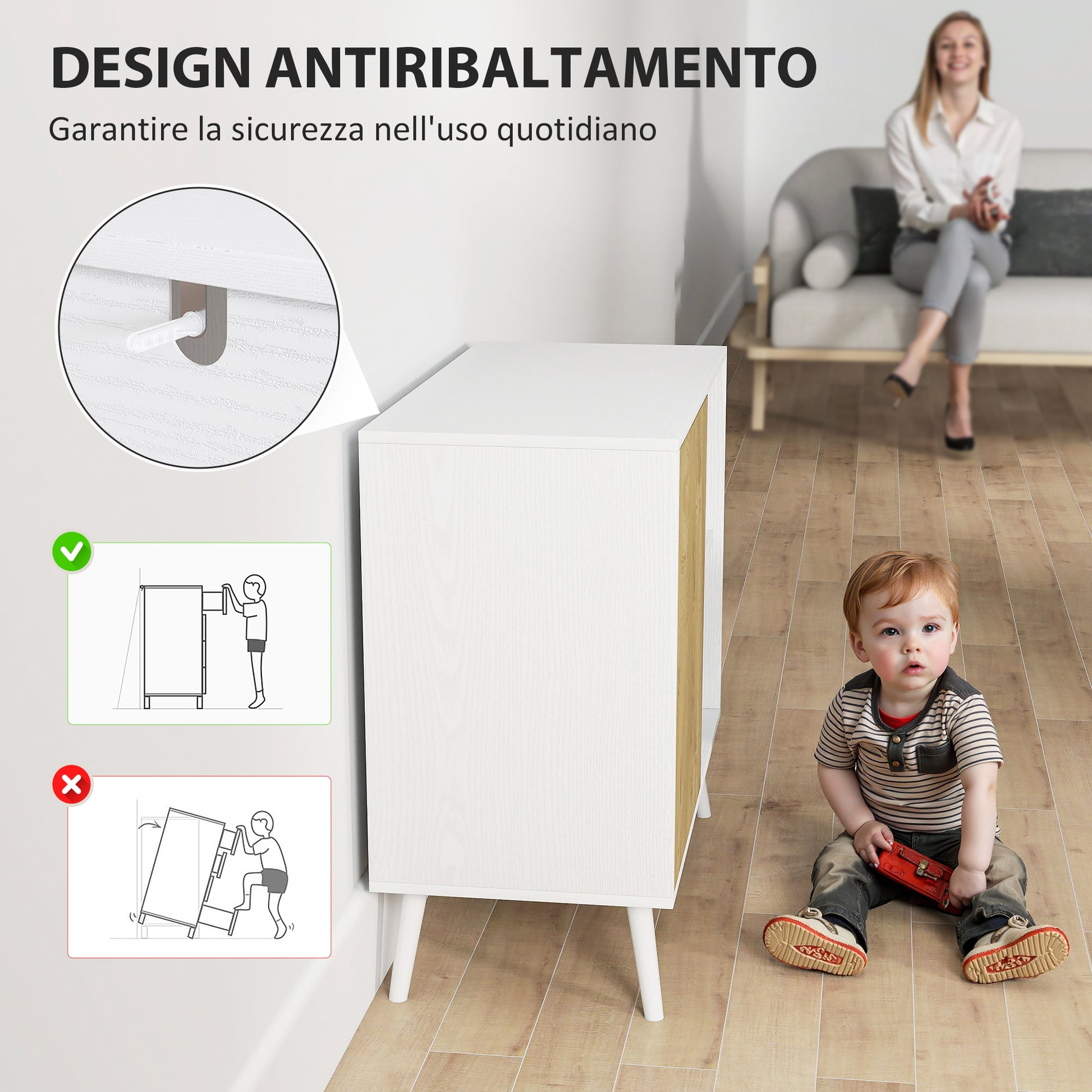 Modern Sideboard Buffet with Cabinet and Compartment with 3-Level Adjustable Shelves, Modern Furniture with Pine Wood Legs, 80x39x76 cm, White