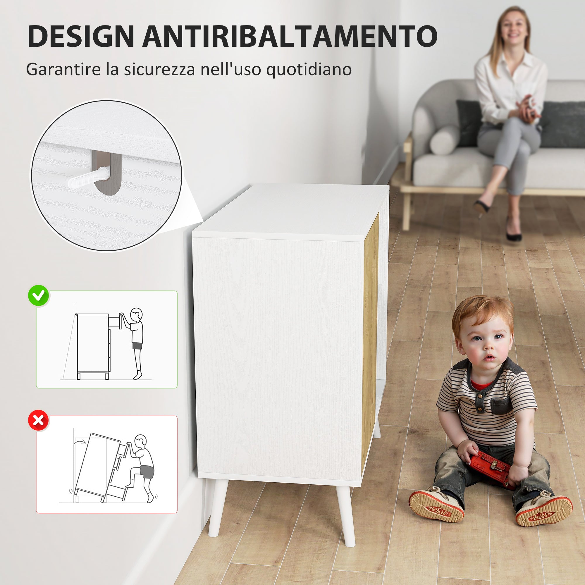 Modern Sideboard Buffet with Cabinet and Compartment with 3-Level Adjustable Shelves, Modern Furniture with Pine Wood Legs, 80x39x76 cm, White