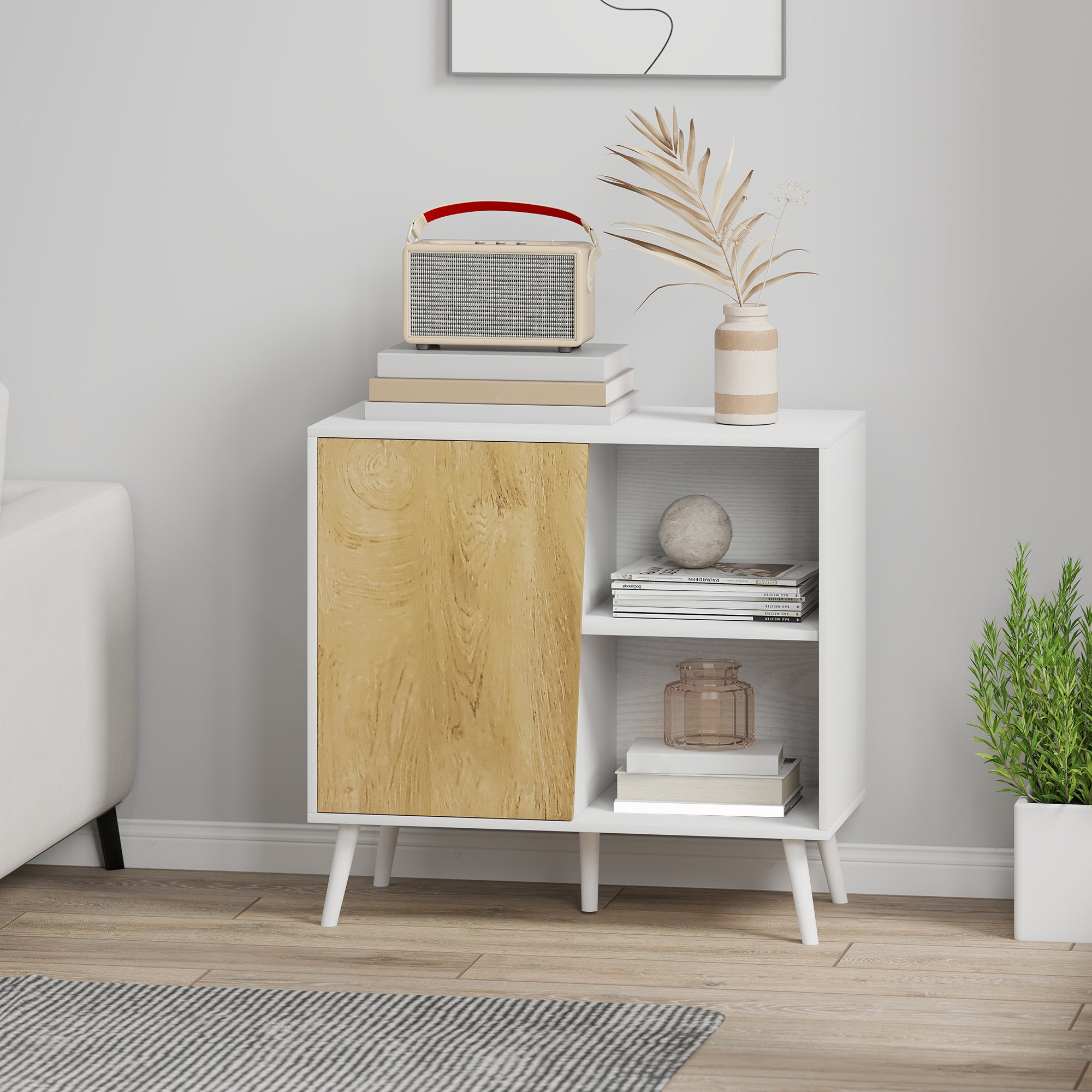 Modern Sideboard Buffet with Cabinet and Compartment with 3-Level Adjustable Shelves, Modern Furniture with Pine Wood Legs, 80x39x76 cm, White