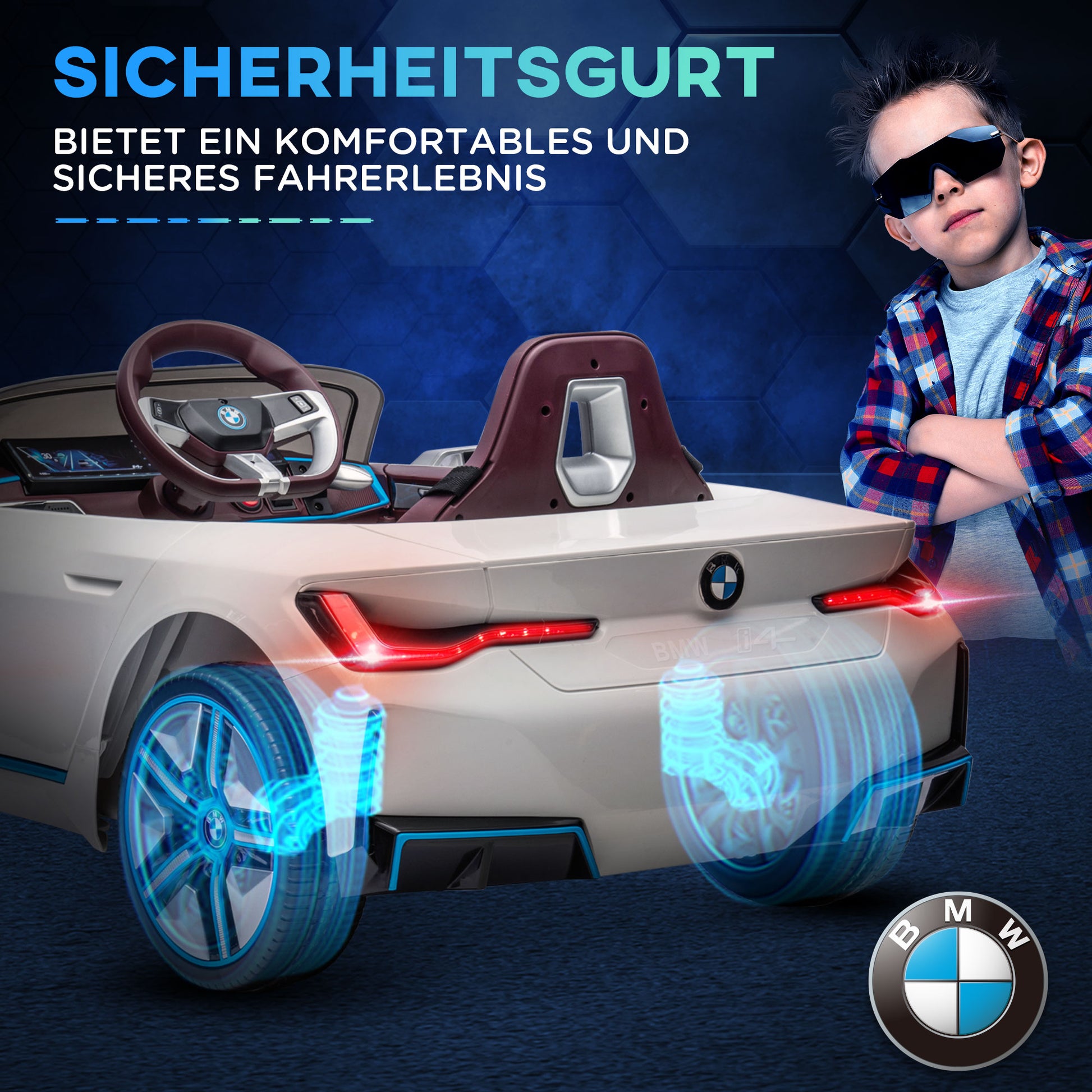 Kids Electric Car, Ride-On Car with Remote Control, Portable Battery, BMW Toy Car with Headlights, MP3 Player, Safety Belt, 3-5 km/h, for Kids 3-5 Years, White