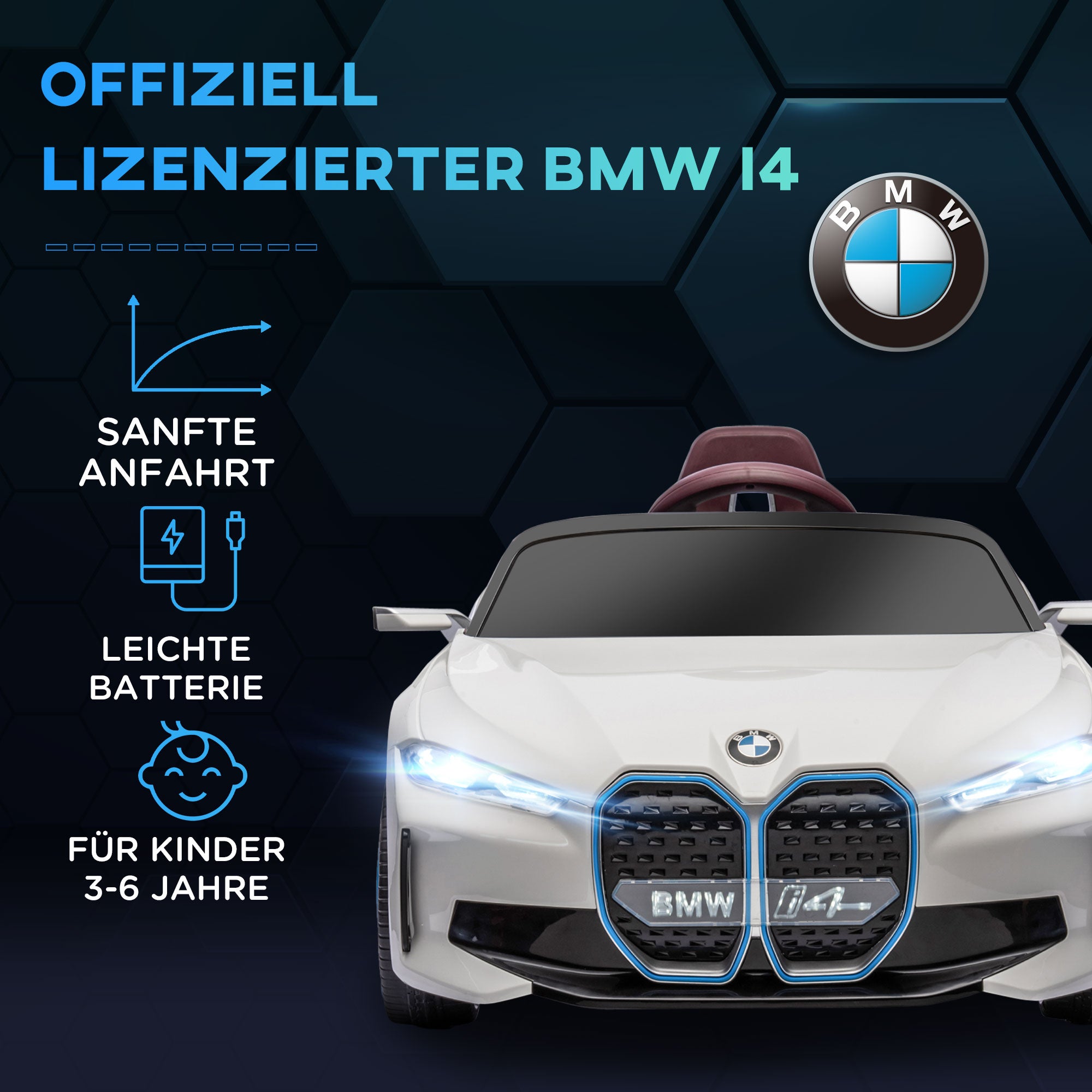 Kids Electric Car, Ride-On Car with Remote Control, Portable Battery, BMW Toy Car with Headlights, MP3 Player, Safety Belt, 3-5 km/h, for Kids 3-5 Years, White