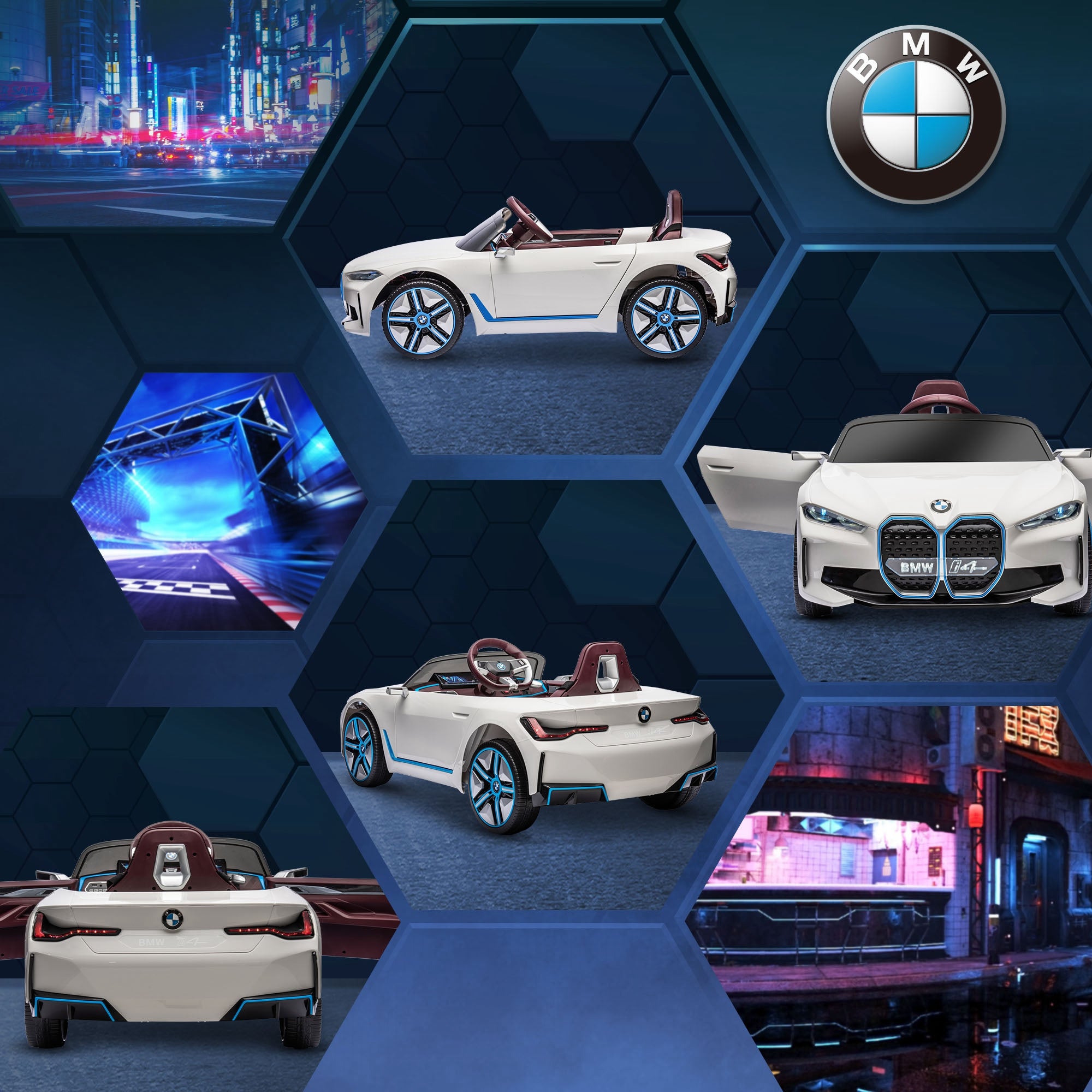 Kids Electric Car, Ride-On Car with Remote Control, Portable Battery, BMW Toy Car with Headlights, MP3 Player, Safety Belt, 3-5 km/h, for Kids 3-5 Years, White
