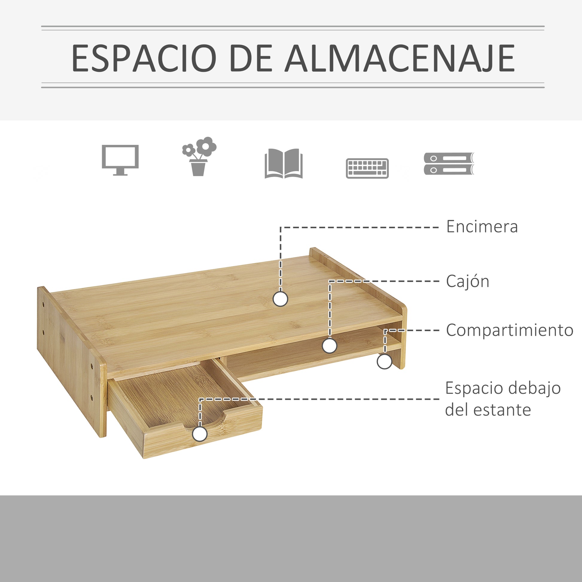 Bamboo Monitor Stand Riser Desk Organizer for Computer Laptop Screens 49x25.5x11.5 cm