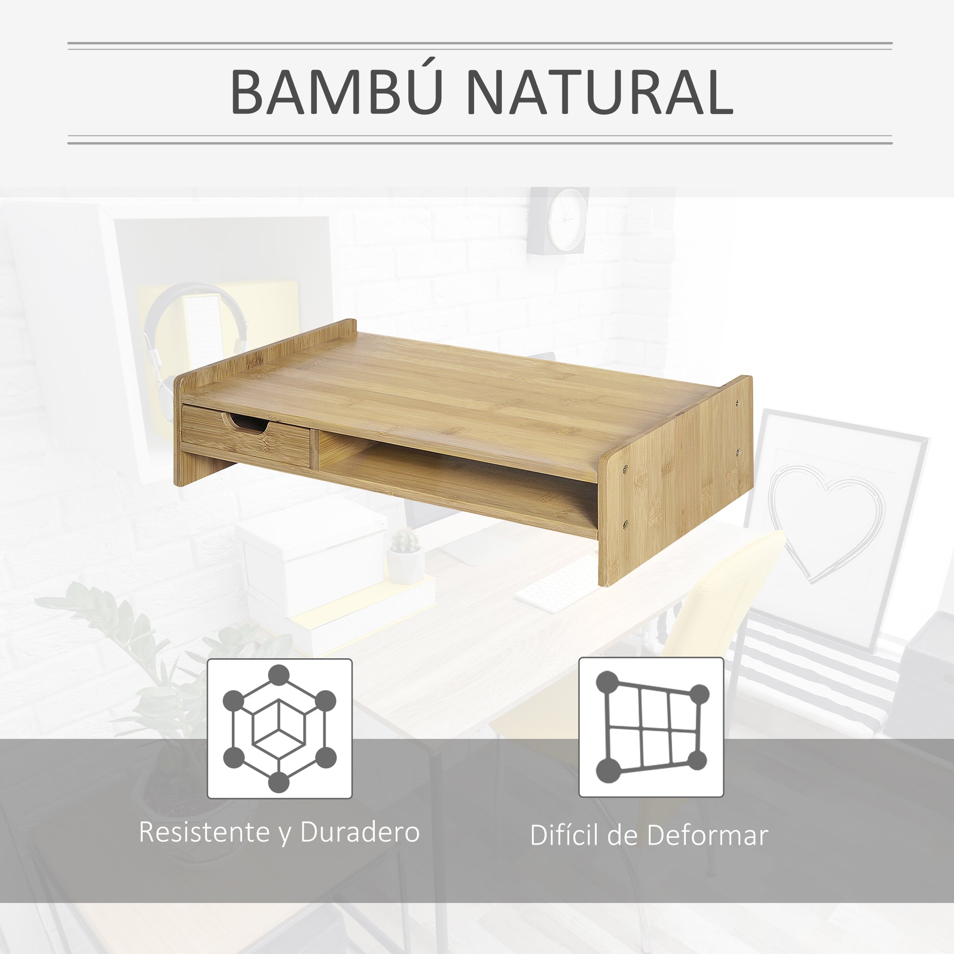 Bamboo Monitor Stand Riser Desk Organizer for Computer Laptop Screens 49x25.5x11.5 cm