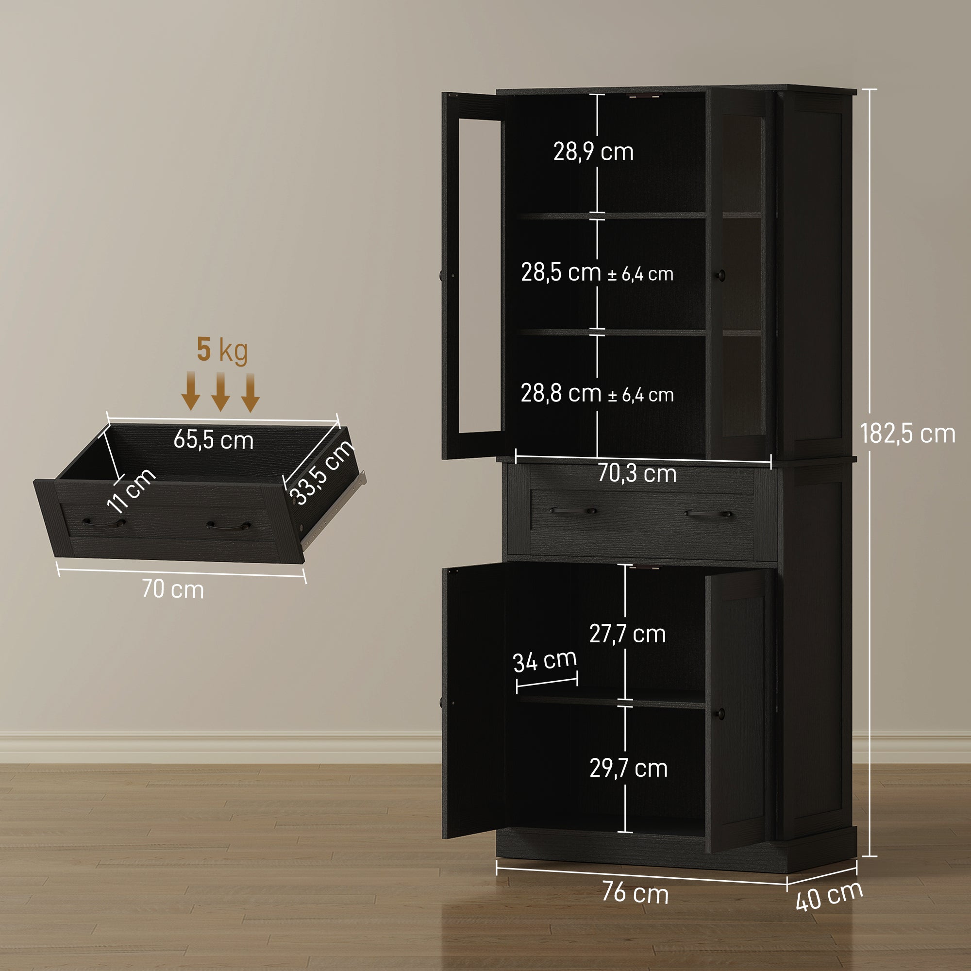 Tall Kitchen Cabinet Buffet with 2 Compartments, Acrylic Doors, Adjustable Shelf and Drawer, Pantry Cabinet for Kitchen/Living/Dining, Black, 76 x 40 x 182.5 cm (30 x 15.7 x 71.9 in)