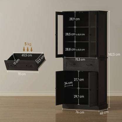 Tall Kitchen Cabinet Buffet with 2 Compartments, Acrylic Doors, Adjustable Shelf and Drawer, Pantry Cabinet for Kitchen/Living/Dining, Black, 76 x 40 x 182.5 cm (30 x 15.7 x 71.9 in)